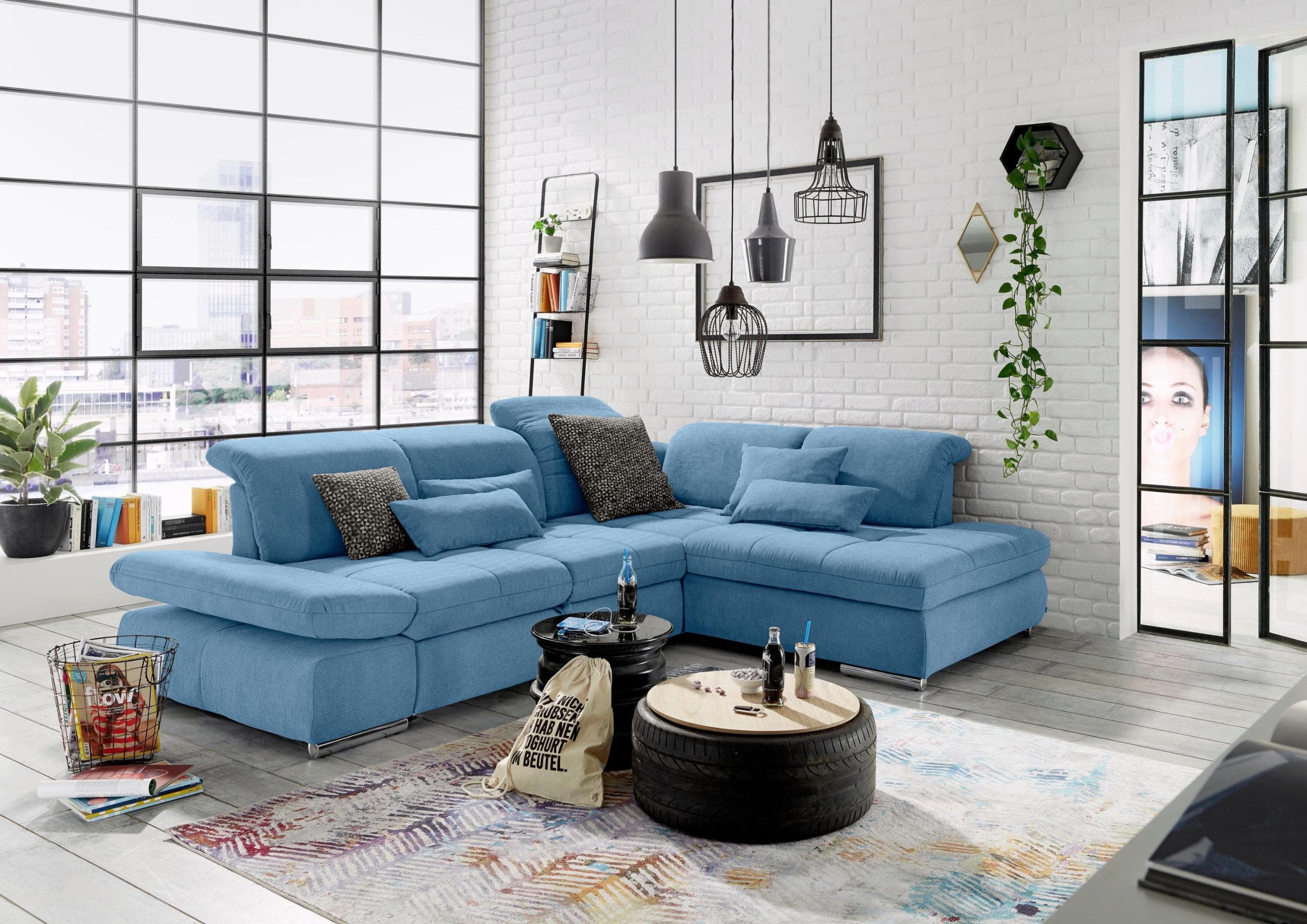 SET ONE Ecksofa SO 4100 Hellblau mit Bettfunktion und Sitztiefenverstellung