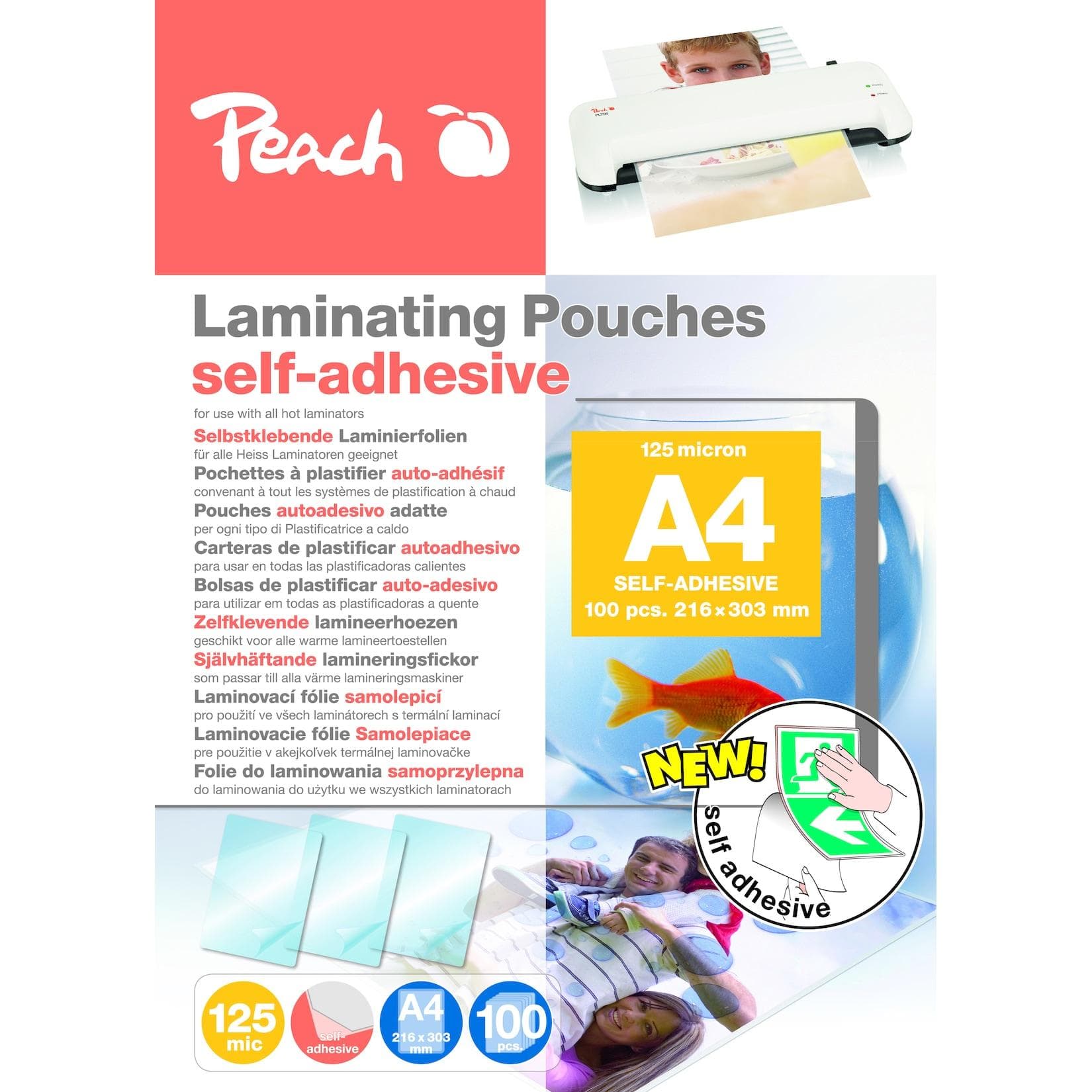 Peach 100 x A4 Laminierfolien, 125 Mikrometer, selbstklebend