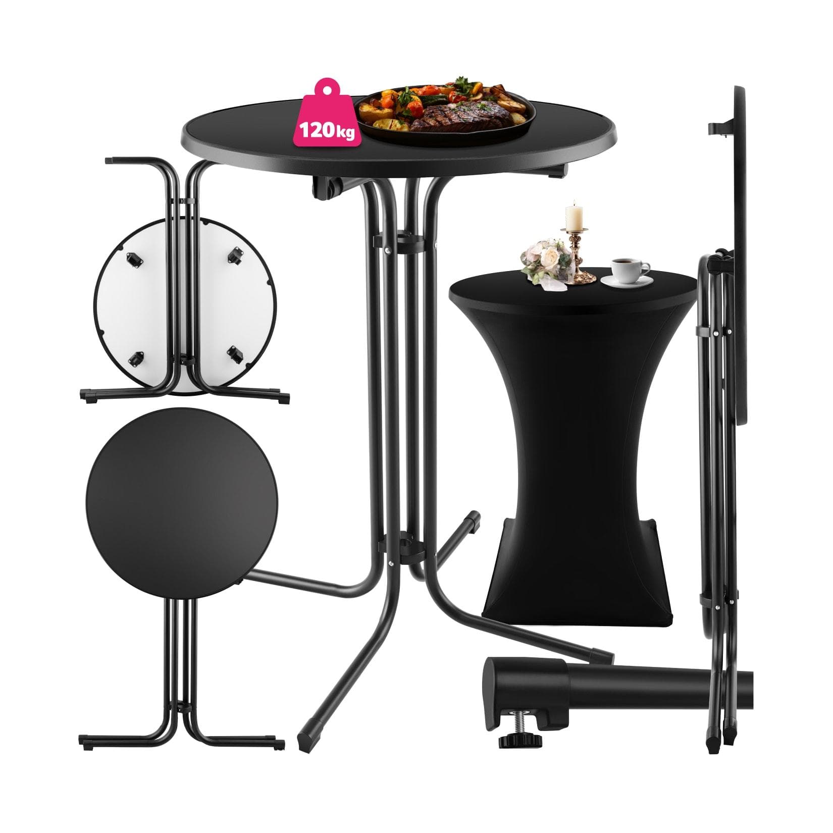 Klappbarer Bistro-Stehtisch mit Rundtischplatte und Tischdecke