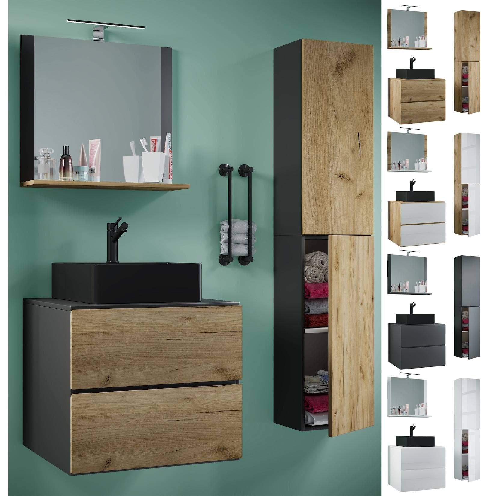VCM Waschplatz Waschtisch Set 4-tlg. mit Unterschrank, Waschbecken, Spiegel und Hochschrank