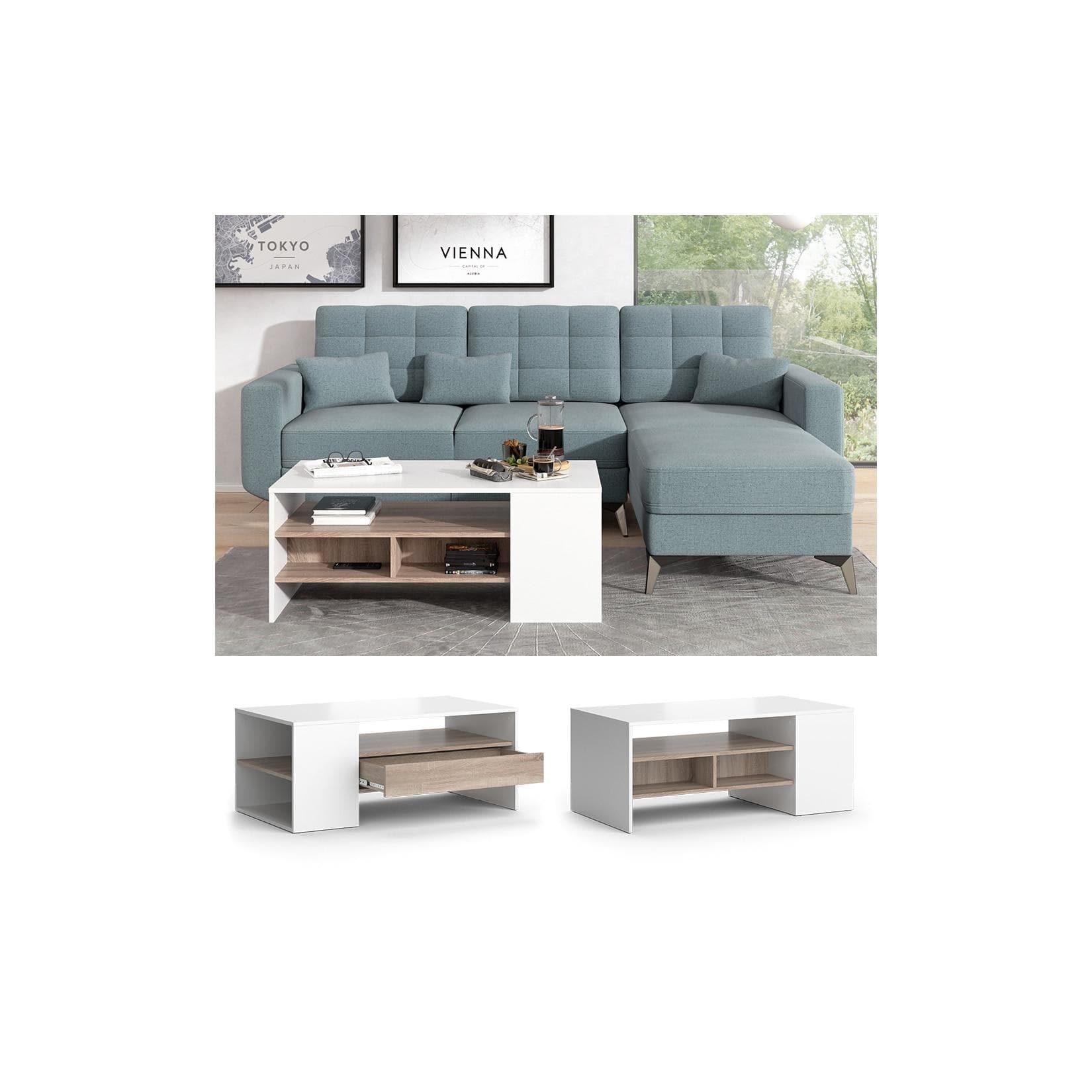 Vicco Couchtisch Fabien Weiß Sonoma Modern mit Schublade