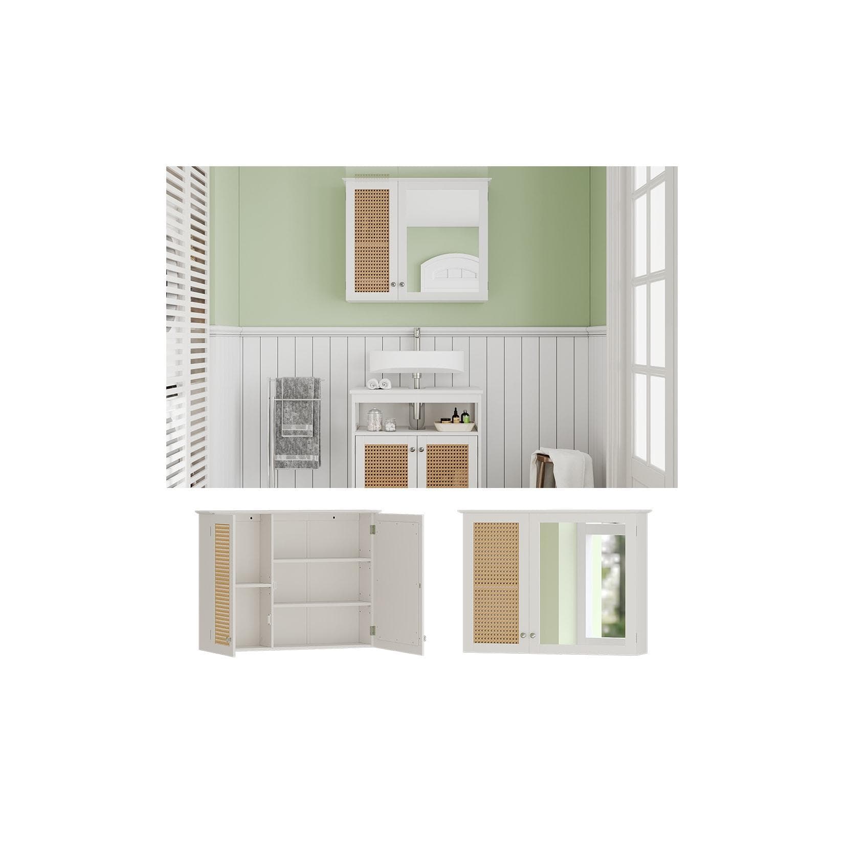 Vicco Rosario Badezimmerspiegelschrank Weiß mit Rattangeflecht und Silbergriffen