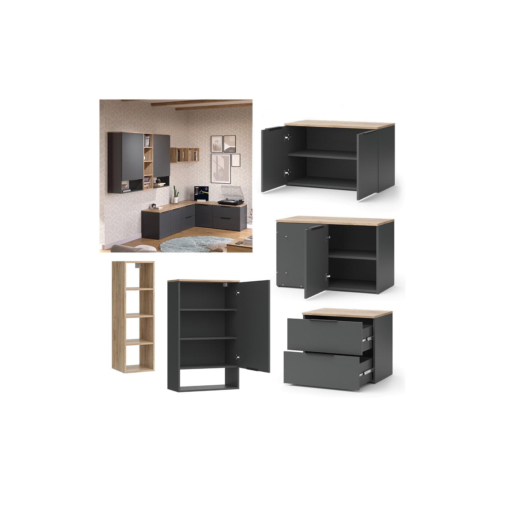 Vicco Wohnwand Wido Anthrazit Eiche 9-teiliges TV-Schrank-Set