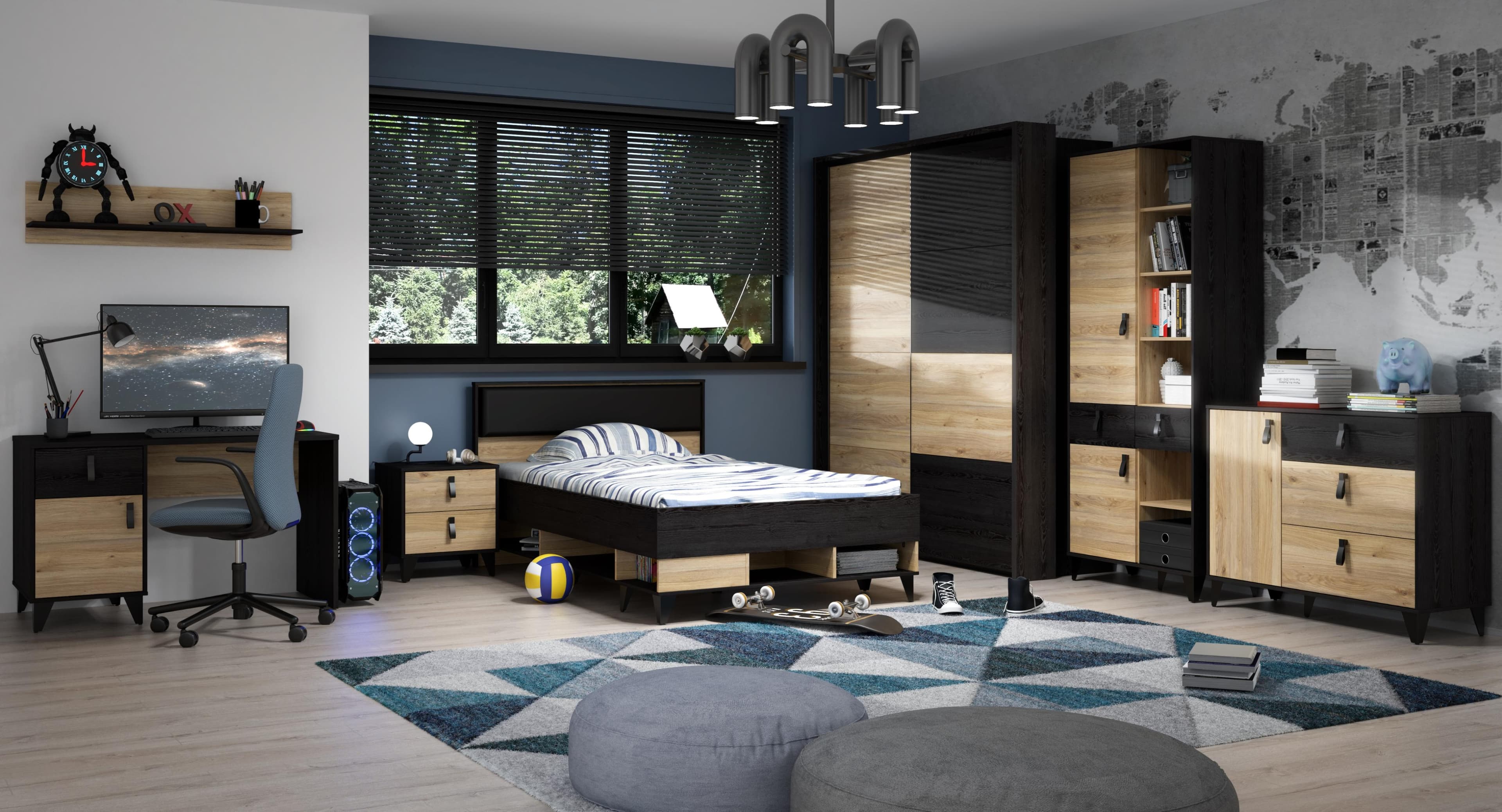 Nachtkommode mit 2 Schubladen und Metallfüßen in Schwarz-Eichenoptik