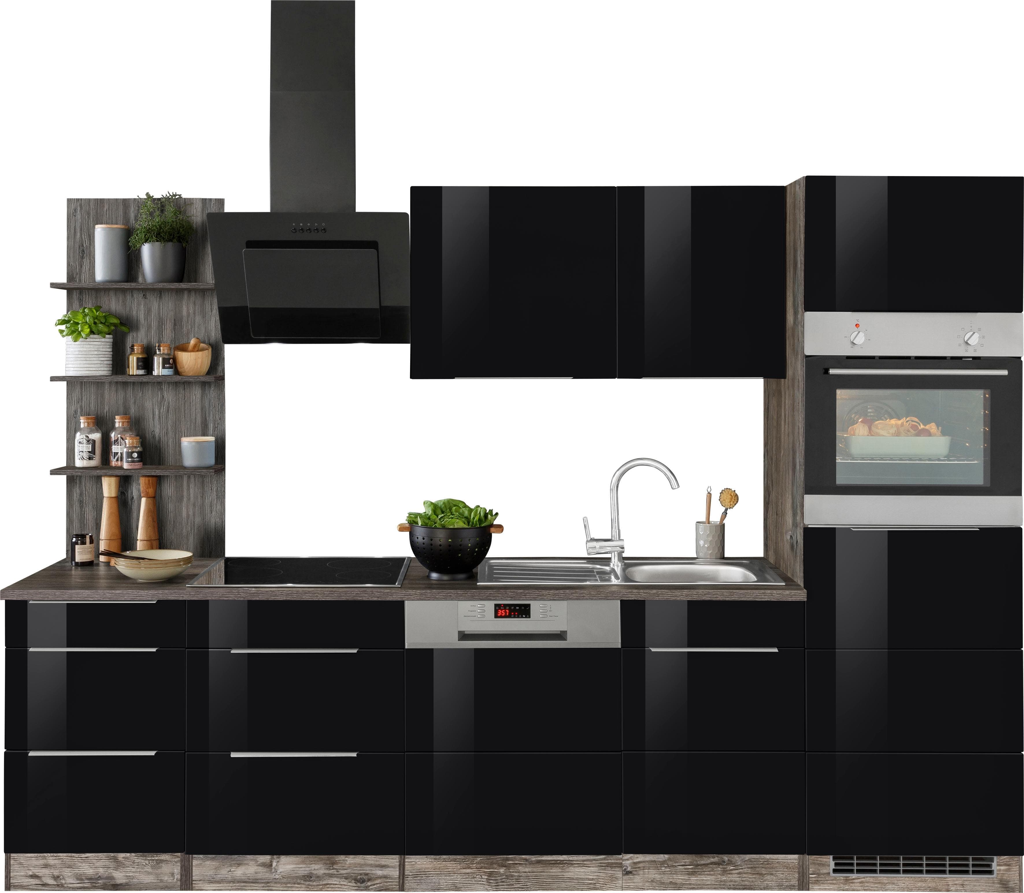 Küchenzeile KOCHSTATION KS-Brindisi 280 cm Schwarz Hochglanz Eiche Vintage