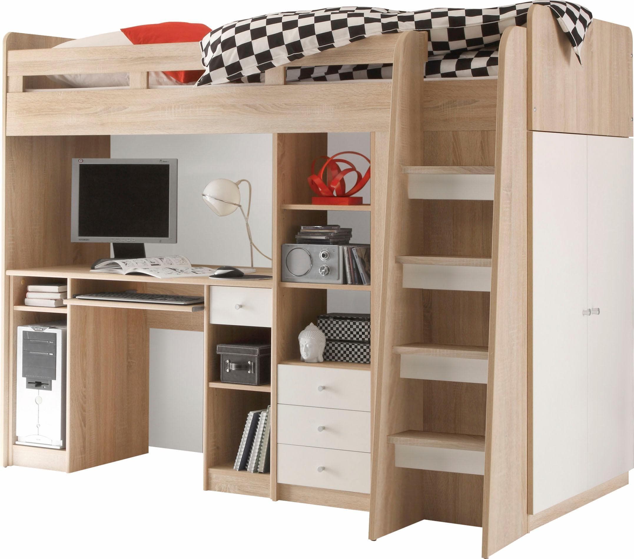BEGABINO Hochbett Unit mit Kleiderschrank und Schreibtisch Weiß