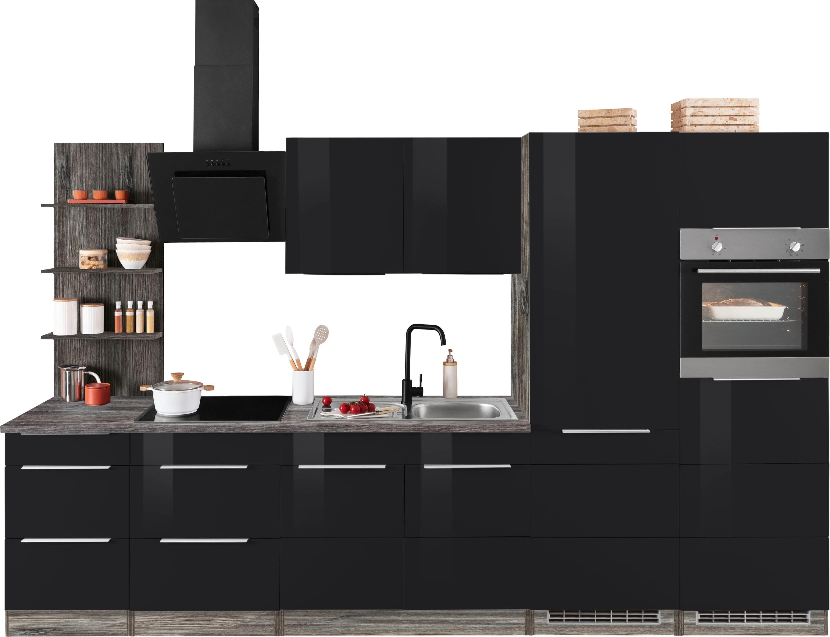 Küchenzeile KOCHSTATION "KS-Brindisi" 330 cm Schwarz Hochglanz Eichen-Vintage