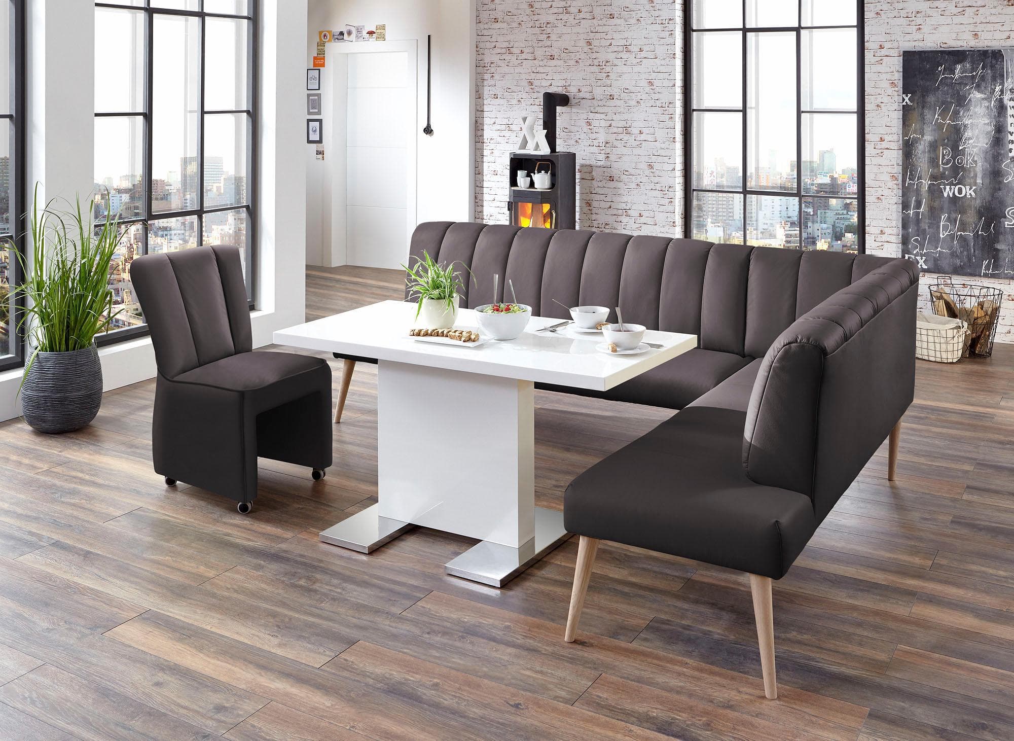 EXXPO Eckbank Costa Schoko Modern mit Holzfuß