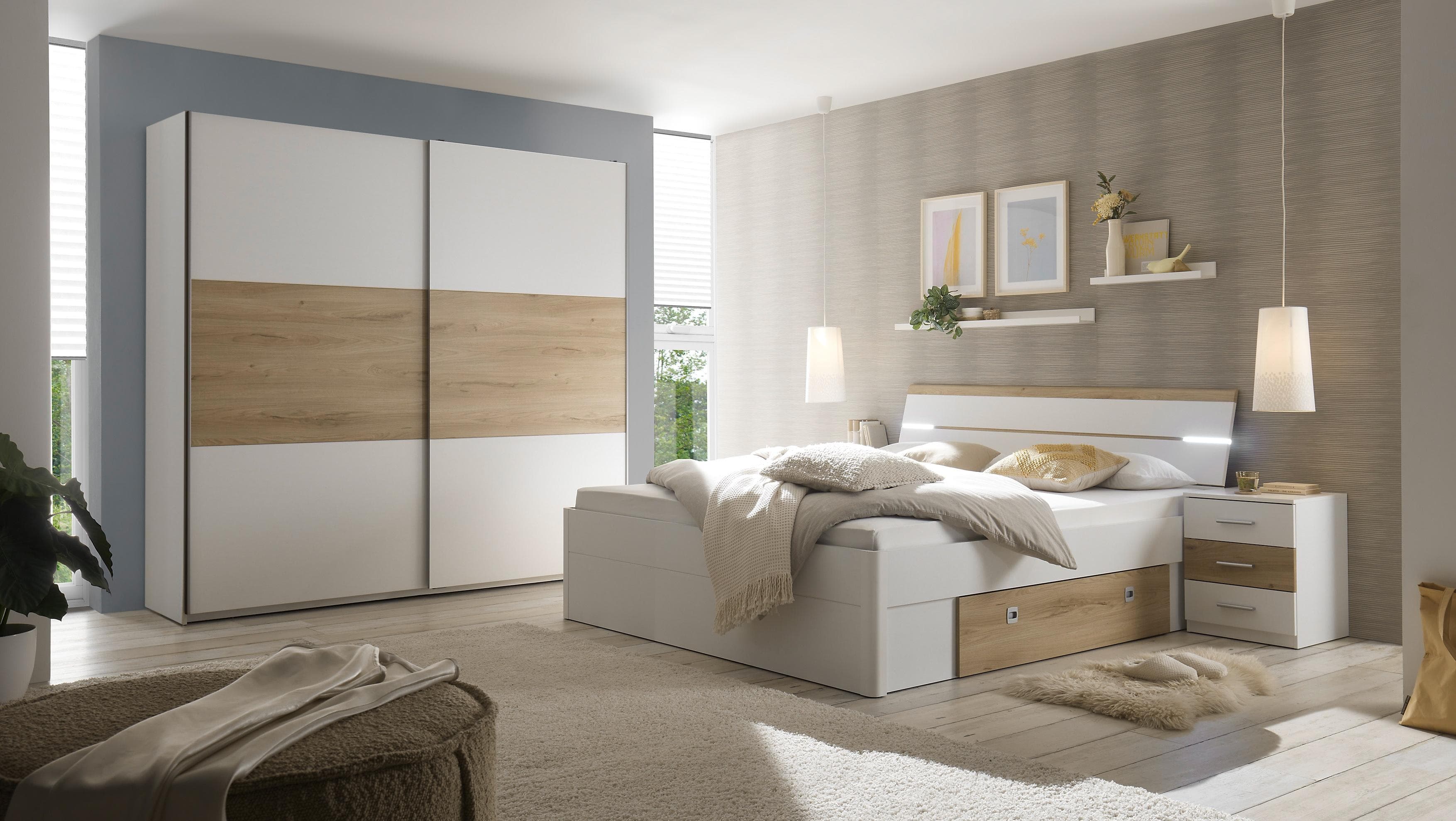 Schlafkontor Kiara Schlafzimmer-Set Weiß mit Beleuchtung und Schubkästen