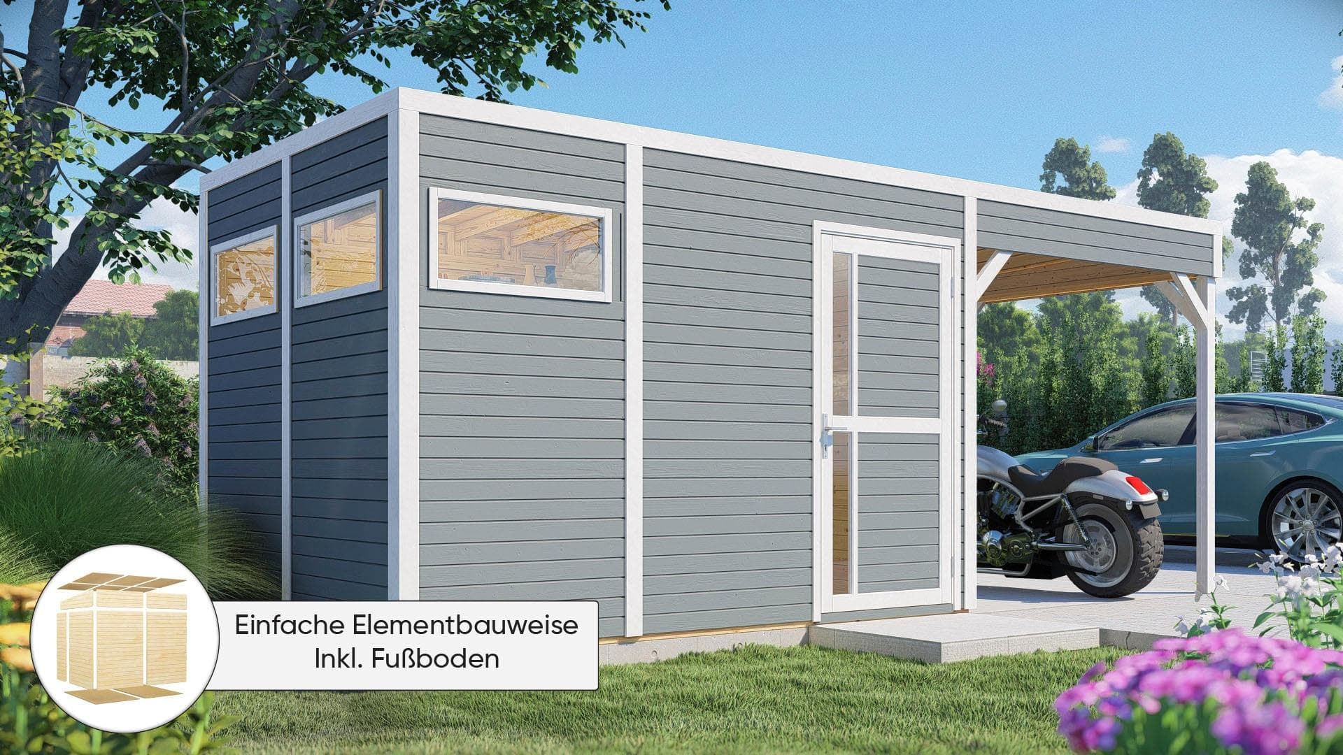 Konifera Cubus 3 Lounge Gartenhaus Hellgrau Massivholz