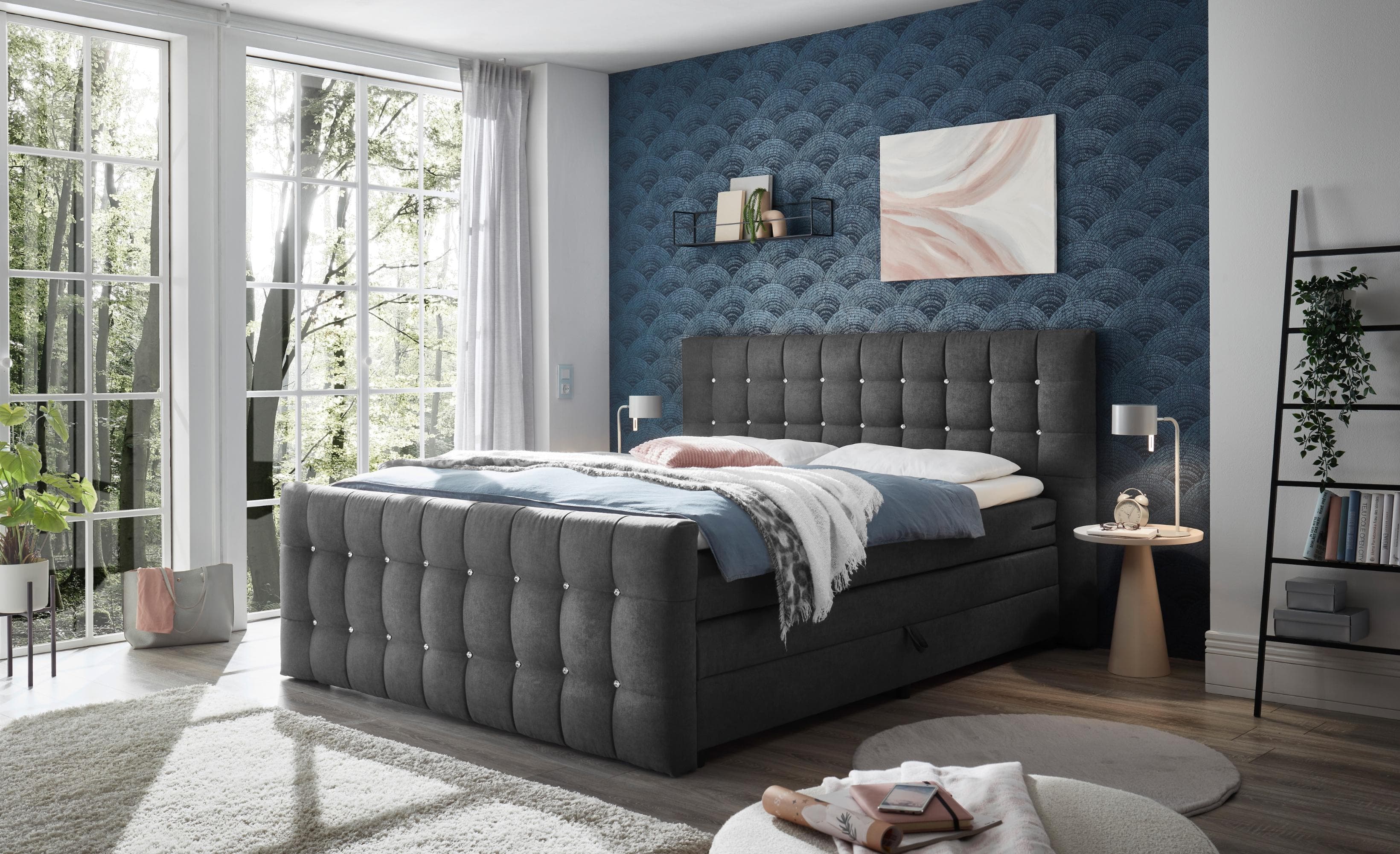 ED EXCITING DESIGN Boxspringbett Loberie Grau mit Strasssteinen