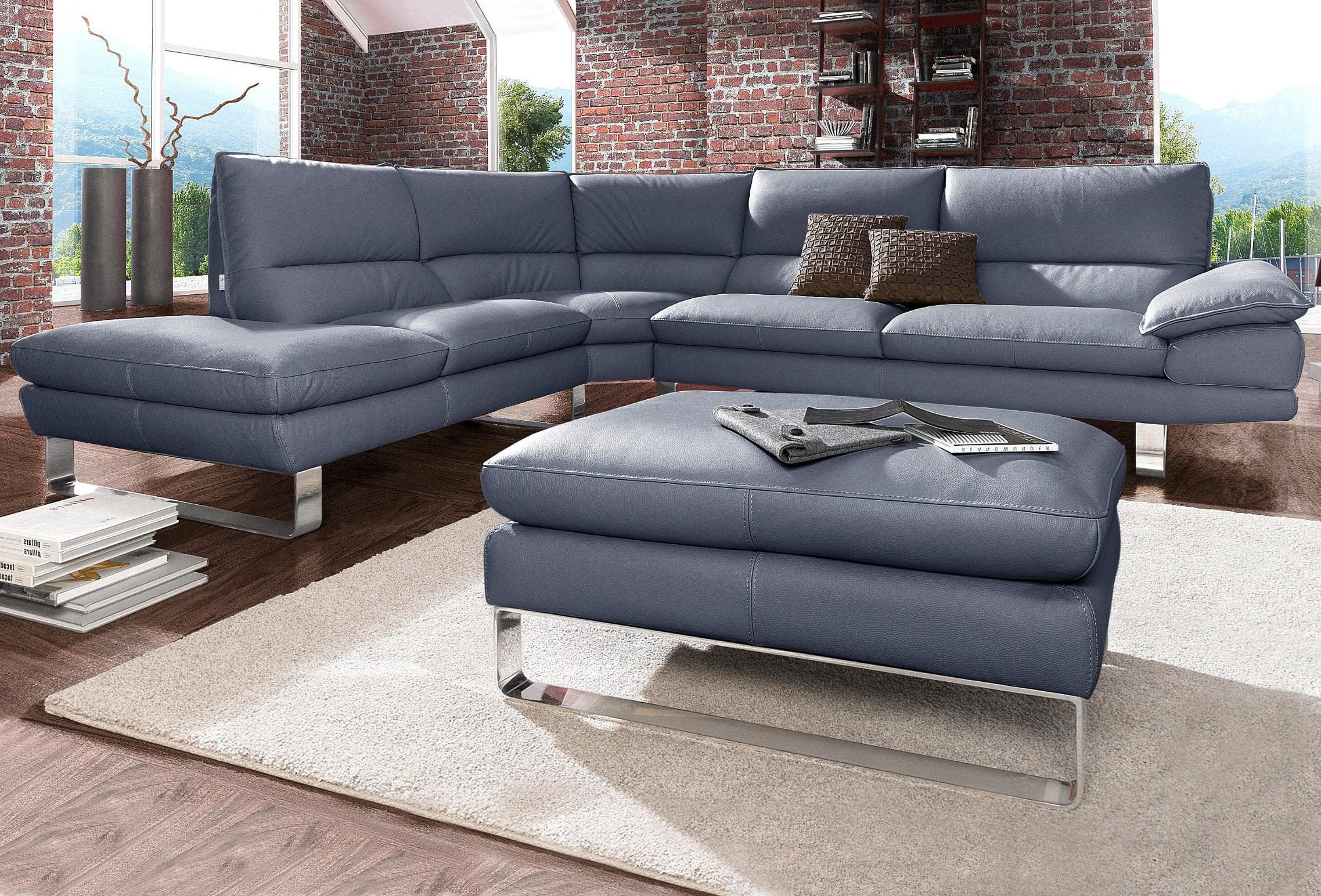 CALIA ITALIA Ecksofa Dave L-Form Dunkelblau Leder Bull