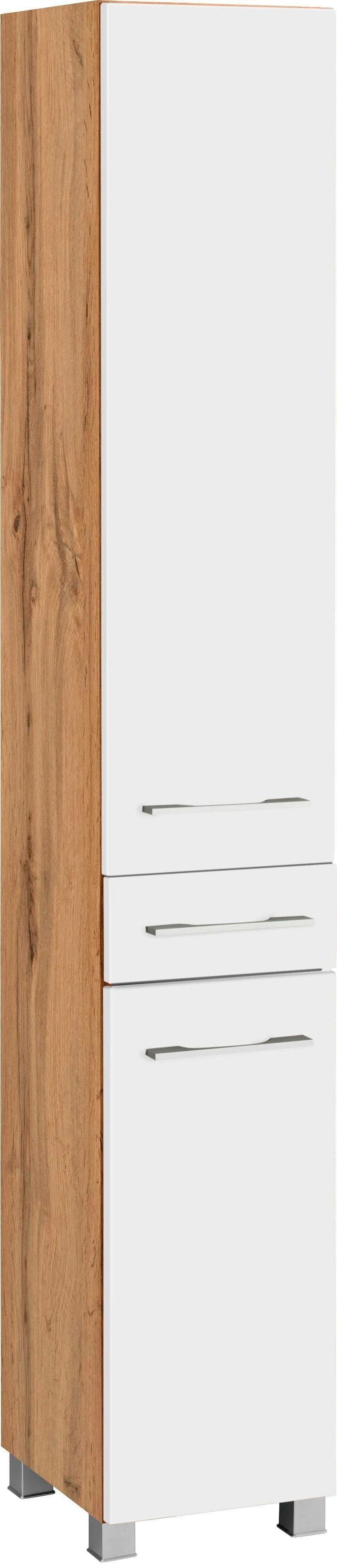 WELLTIME Hochschrank Soria Weiß Eichefarben Badmöbel Soft-Close