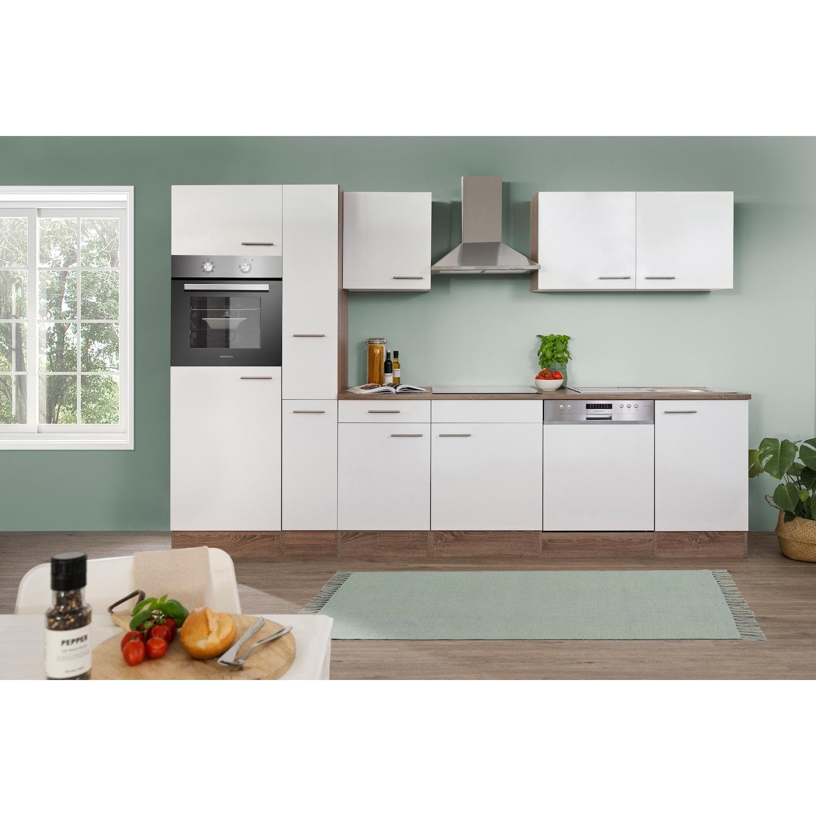 Respekta Küchenprogramm Eiche York Küchenzeile 310 cm inkl. E-Geräte & Mineralite Einbauspüle, weiß