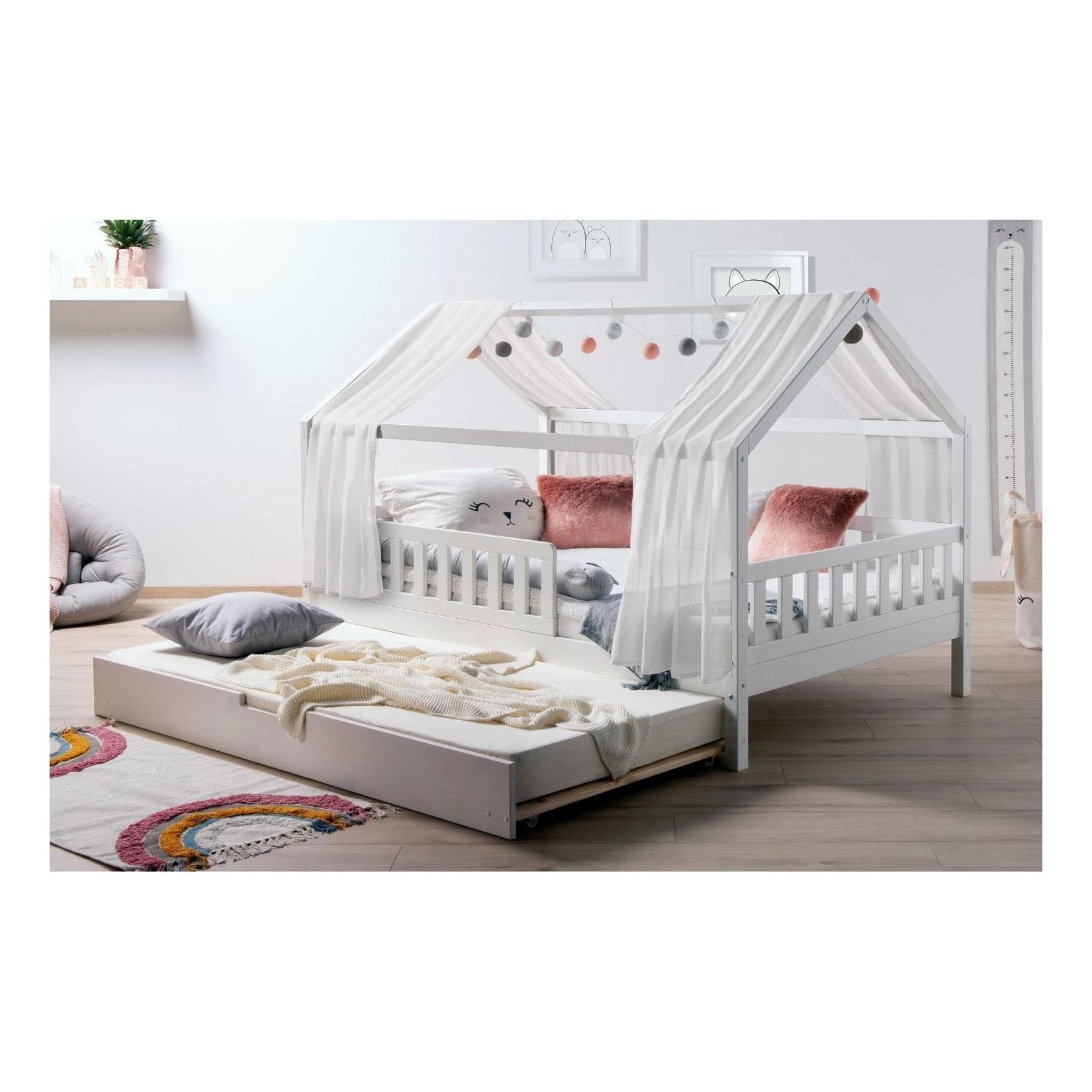 TiCAA Kim Kinderbett Hausbett Weiß Kiefer Massivholz