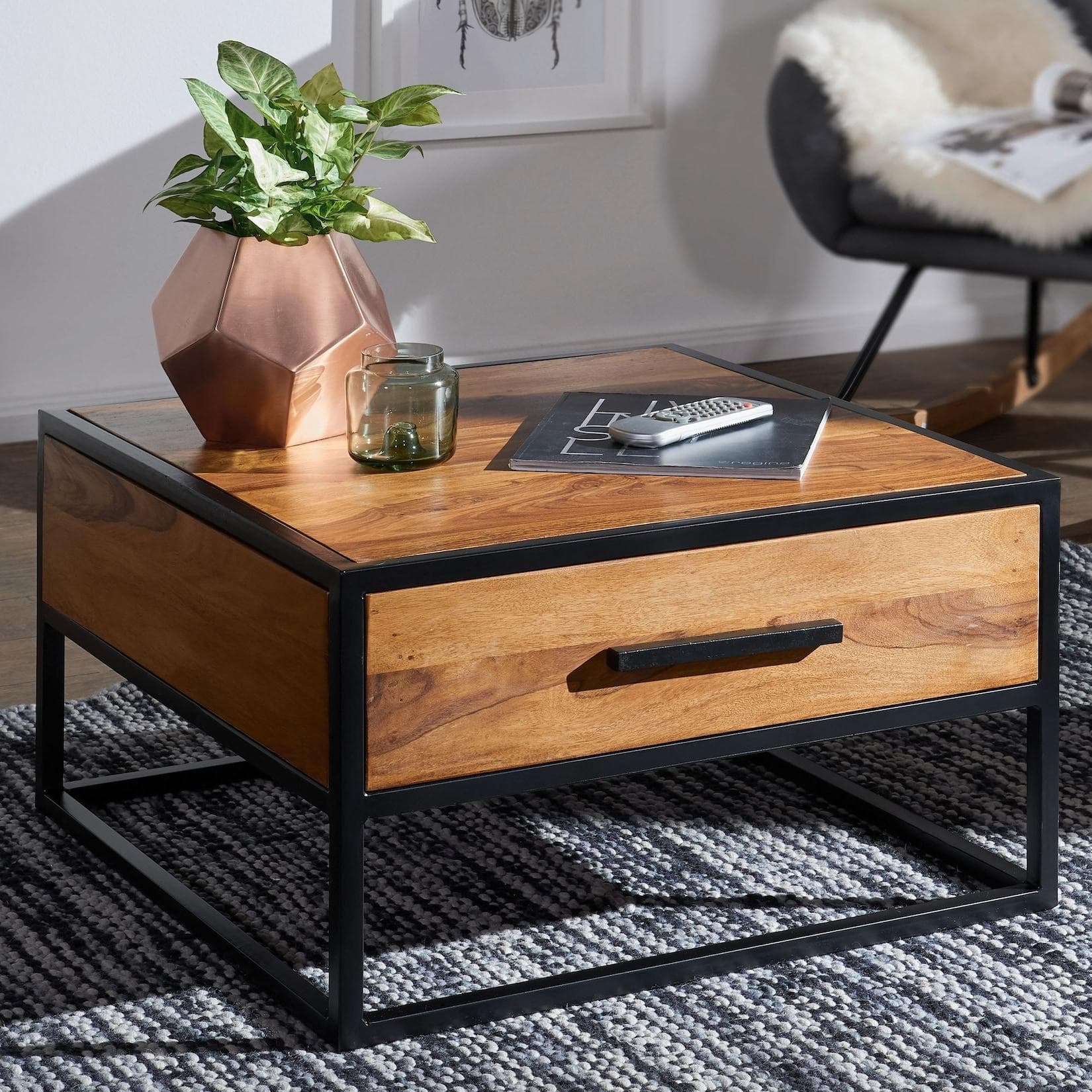FineBuy Couchtisch Massivholz Braun Industrial Schublade