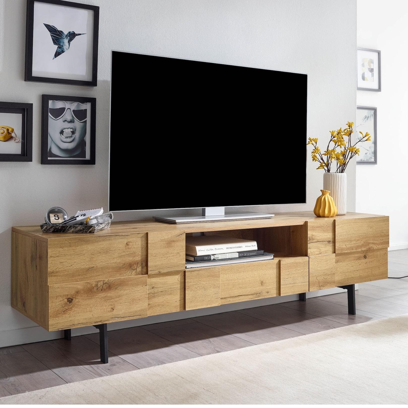 FINEBUY Lowboard TV-Board 160cm Eiche Dekor Schwarz Modern