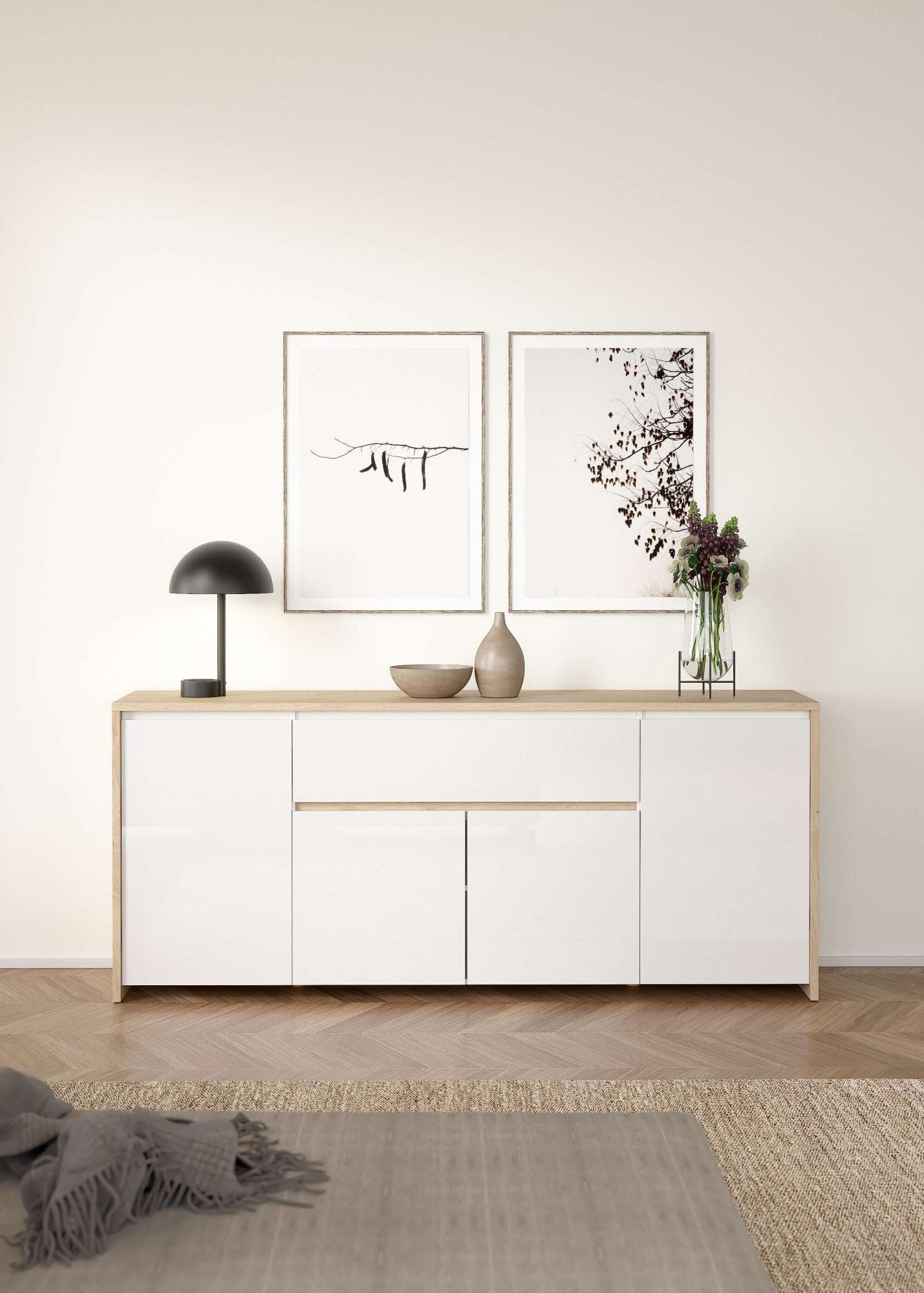 INOSIGN Sideboard Next 197cm Weiß/Hickory 4 Türen 1 Schublade