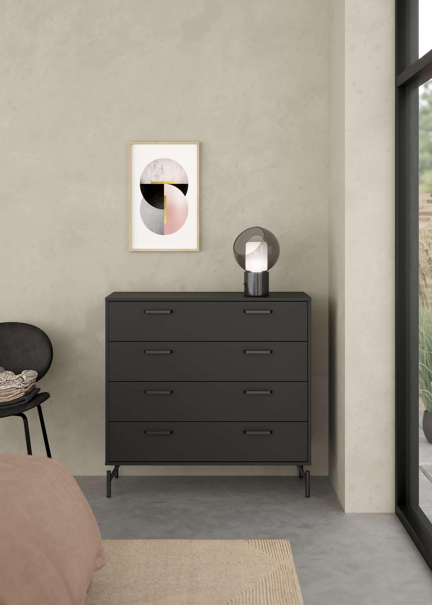 Kommode mit 4 Schubladen und Metallbeinen - Schwarz