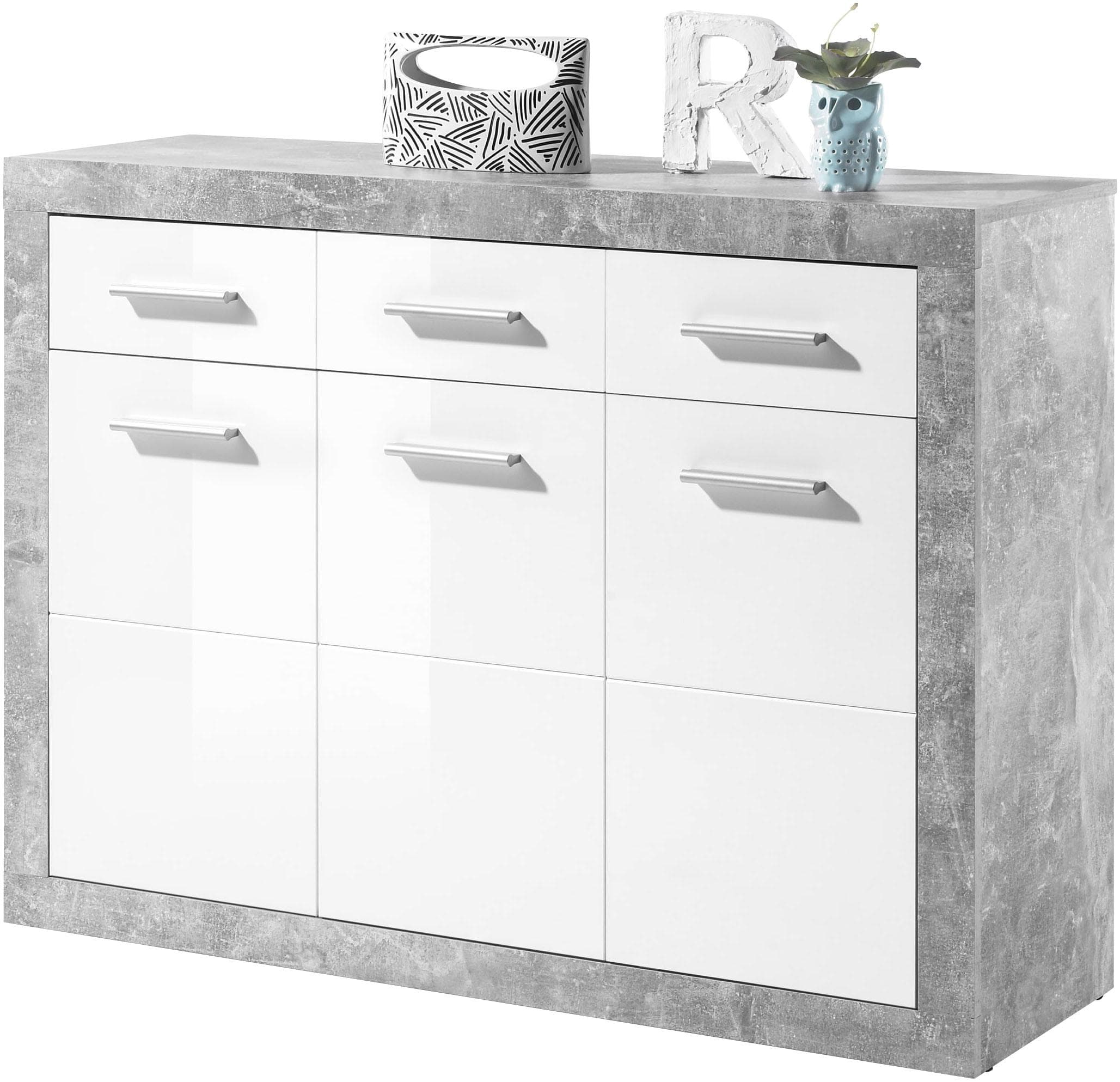 HBZ Stone 2 Kommode Weiß Beton Glanz 3 Türen 3 Schubkästen