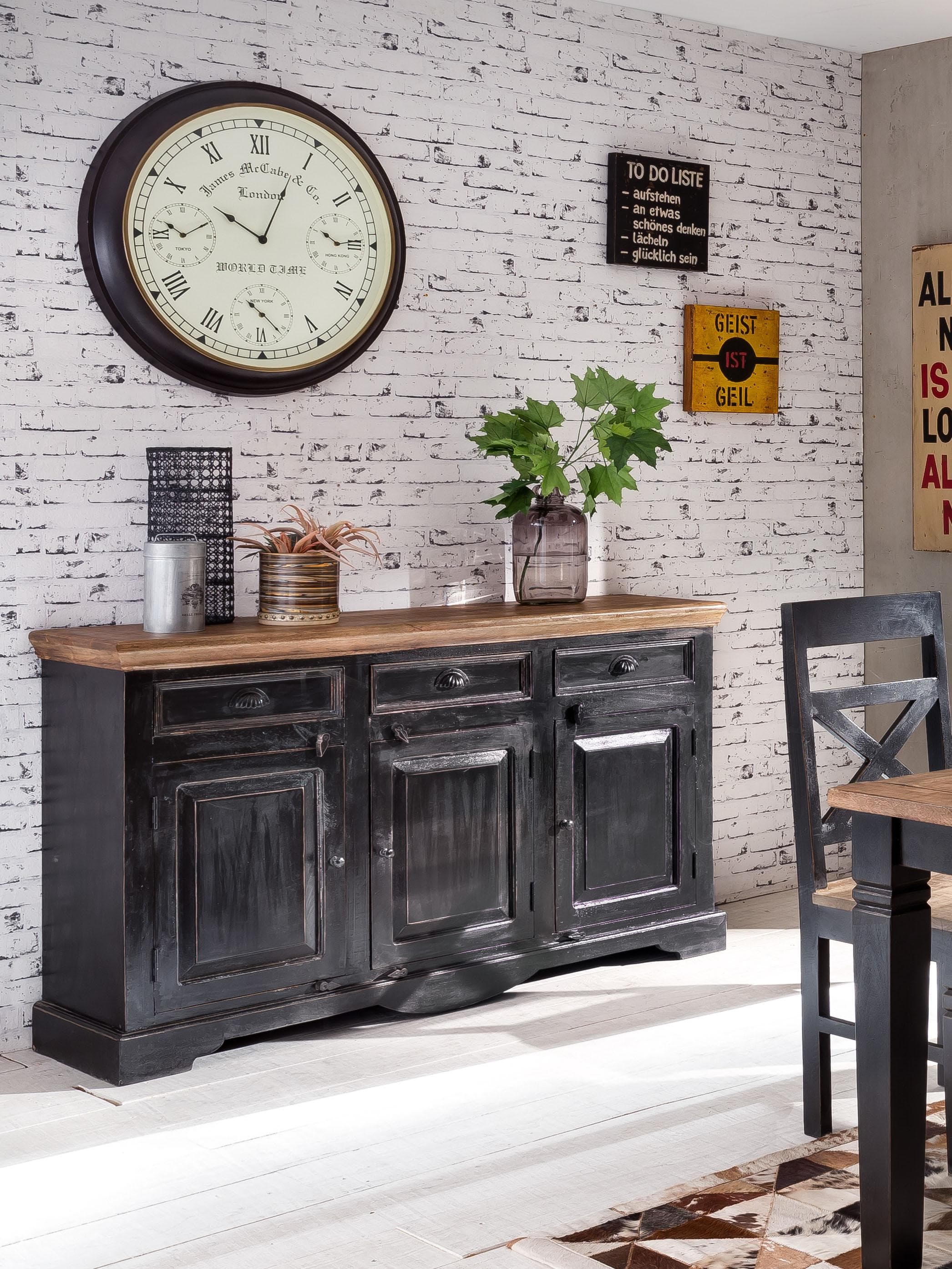 Sideboard SIT Corsica Schwarz Honig Massivholz Shabby Chic