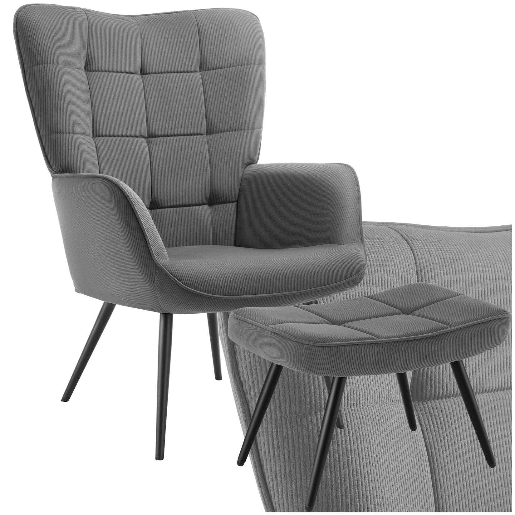 tectake Relaxsessel Hygge mit Hocker - Feincord Anthrazit/Schwarz