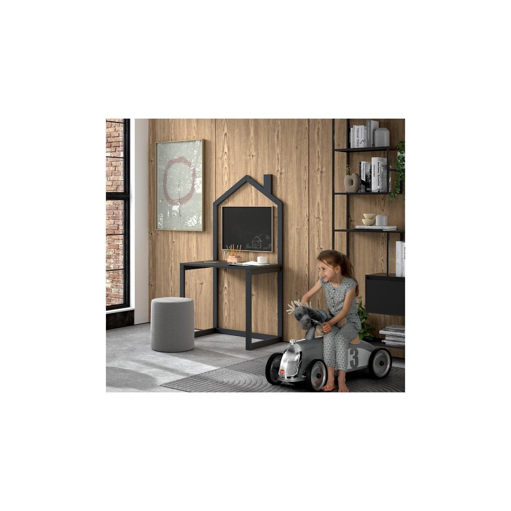 Kinderschreibtisch mit Hausdesign | Große Arbeitsfläche für kleine Räume