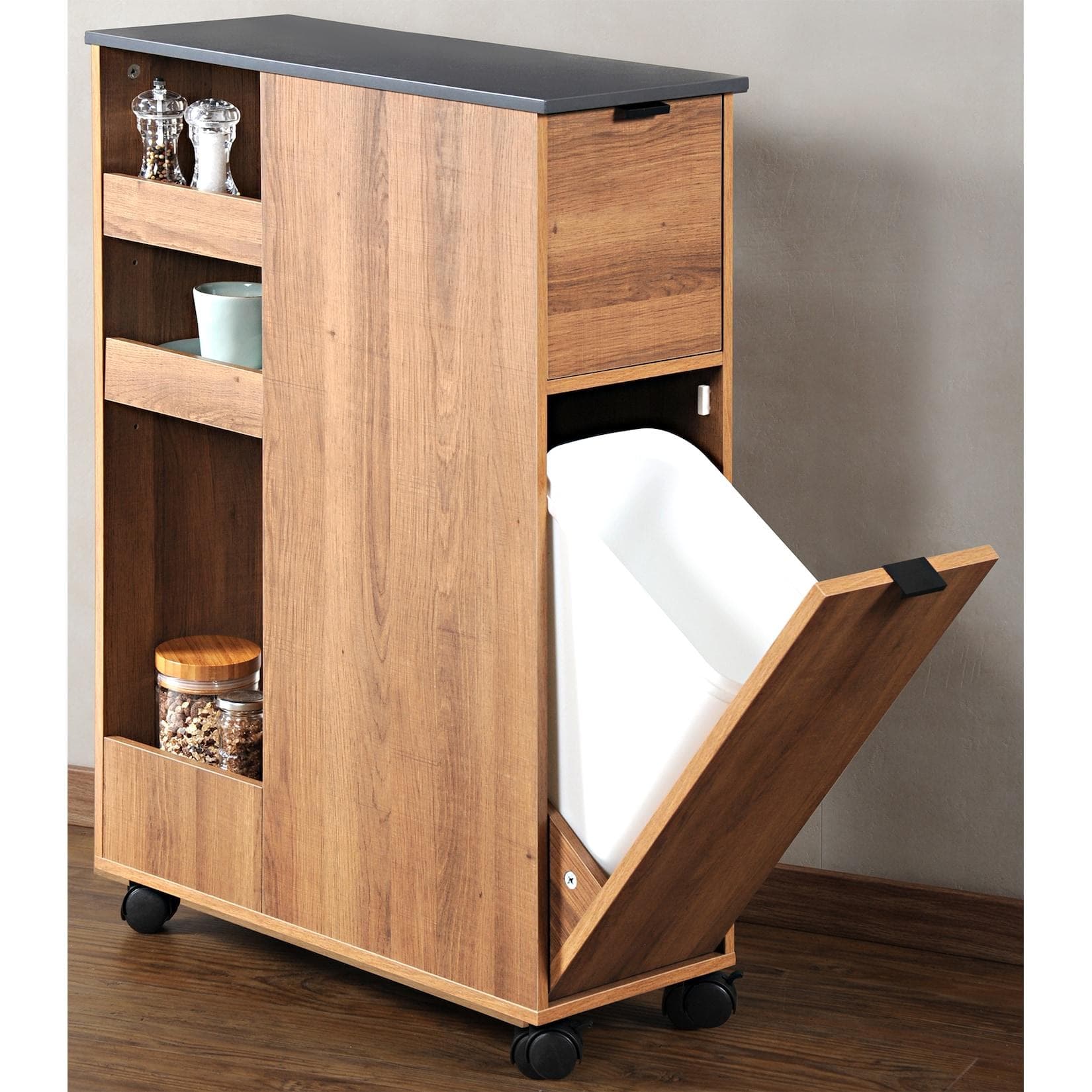 Kesper Küchenwagen Nischenregal Holz Rustikal FSC mit Mülleimer und Rollen