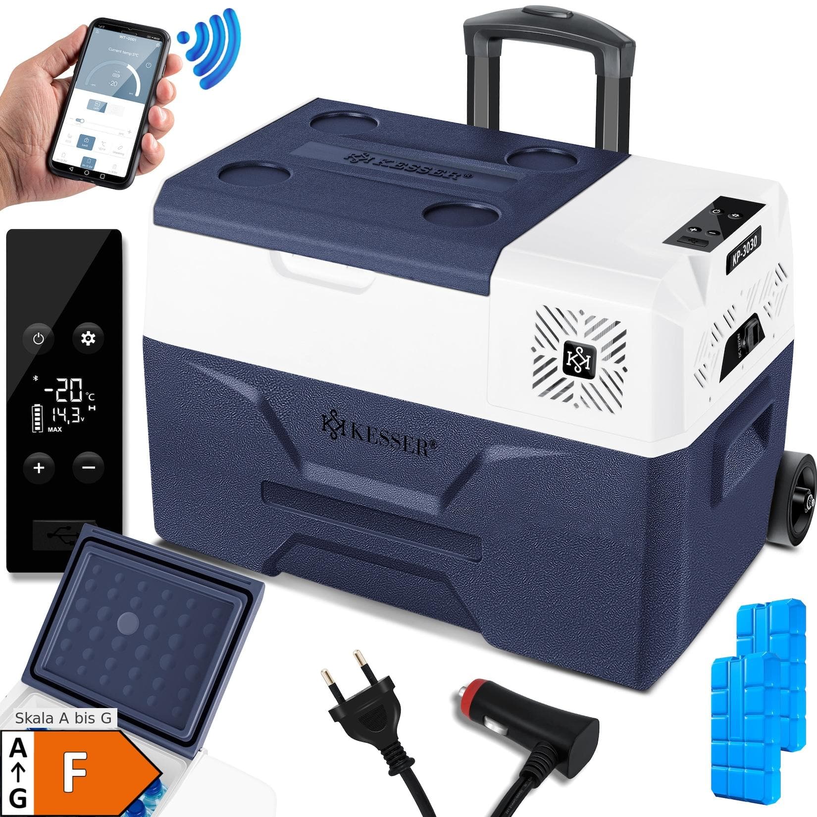 KESSER Kompressor Kühlbox elektrisch Gefrierbox, Mit APP-Steuerung USB-Anschluss 12/24 V 230V, +Teleskopstange, Kühlakkus Räder Kühlschrank Kühlung bis -20 °C für Auto, Lkw, Boot, Reisemobil, Camping