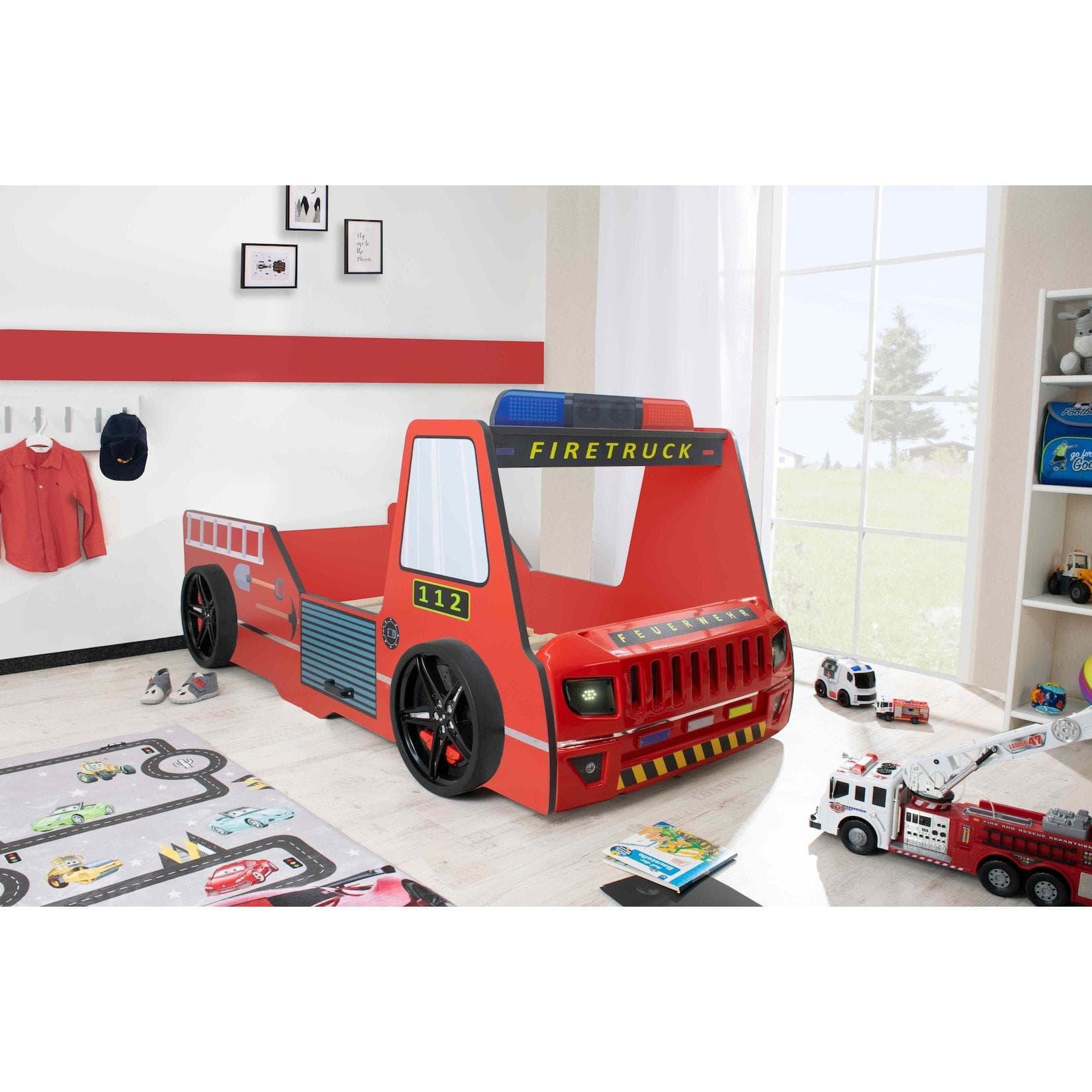 Aileenstore Autobett Rio Feuerwehrbett mit LED Licht Hochglanz
