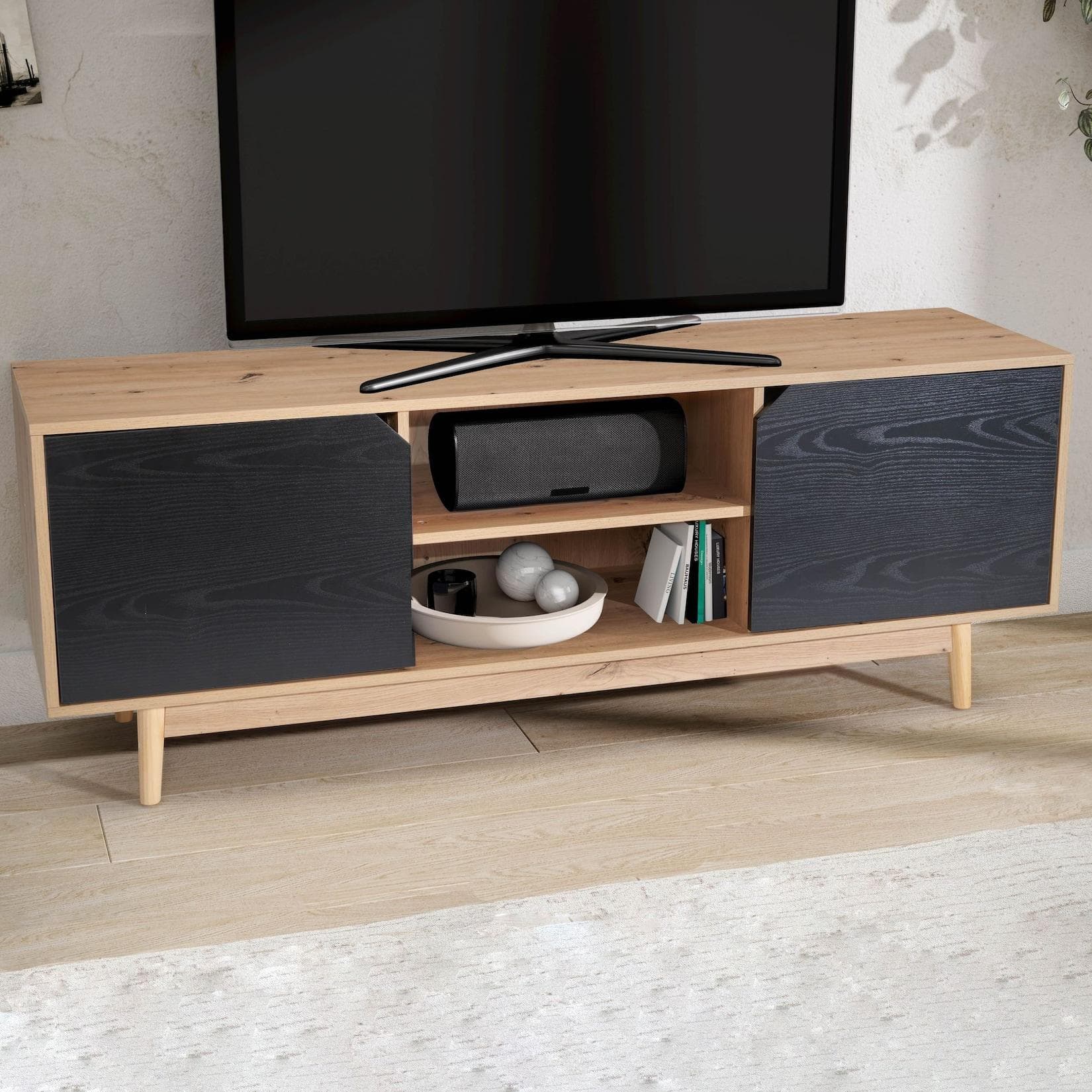 FineBuy TV Schrank 150 cm Eiche Schwarz Fernsehkommode