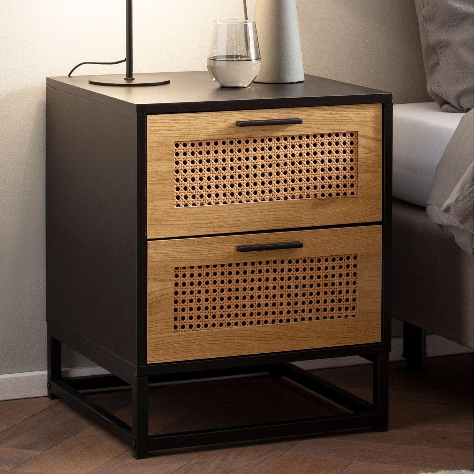 FineBuy Nachtkonsole Schwarz Wiener Geflecht 45 cm