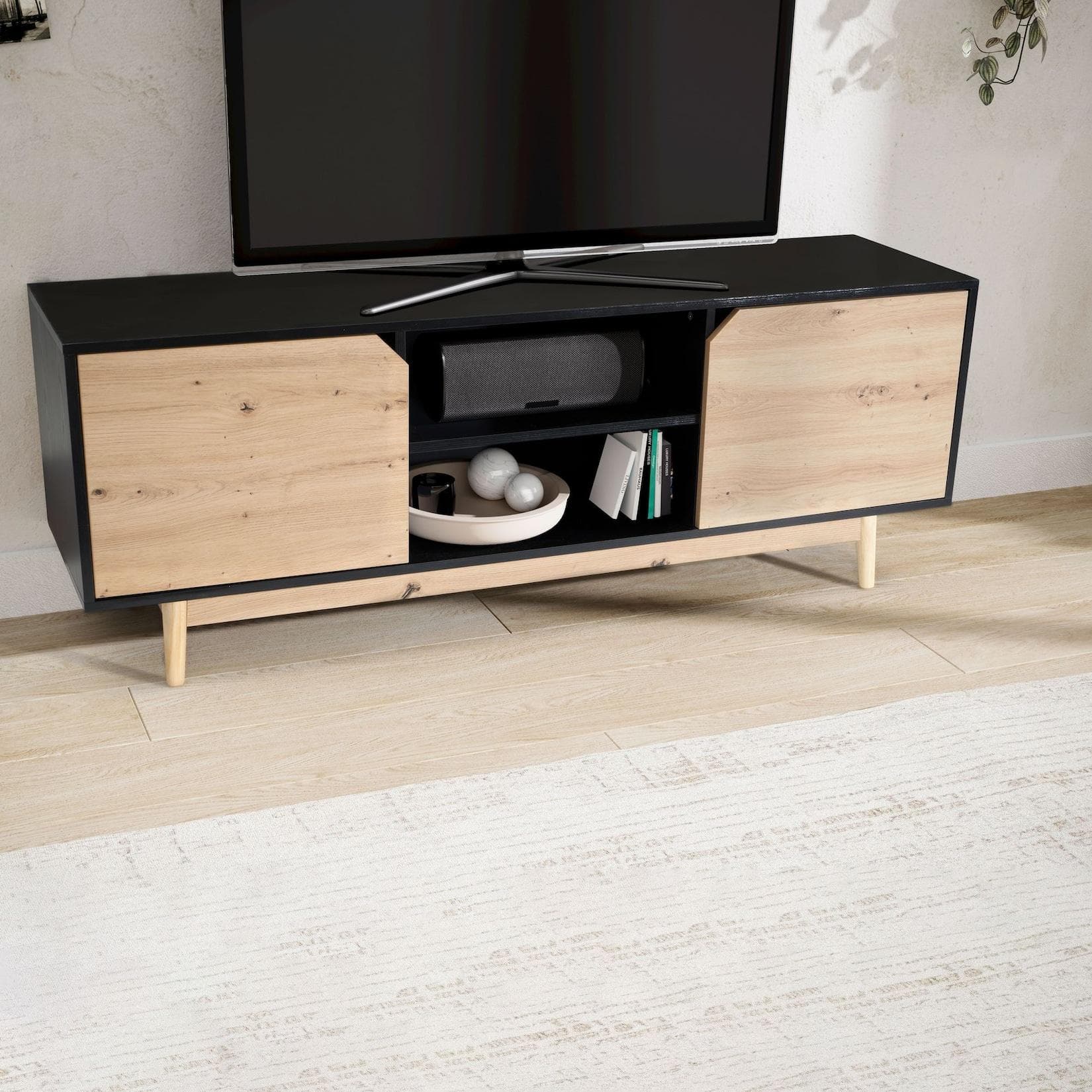 FineBuy Lowboard TV Schrank Schwarz Eiche 150 cm Fernsehkommode