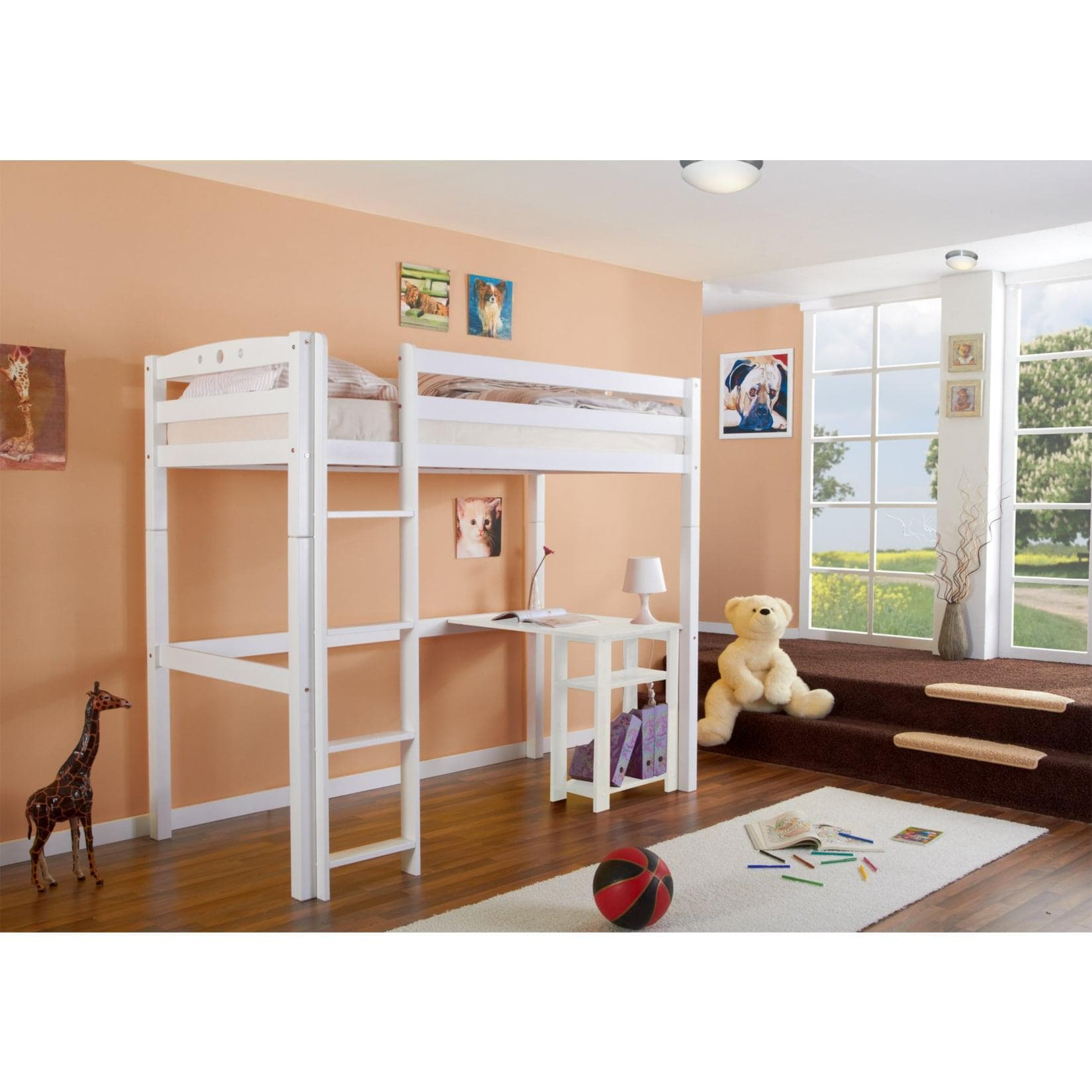 Kinderbett aus Buche, Weiß, Hochbett