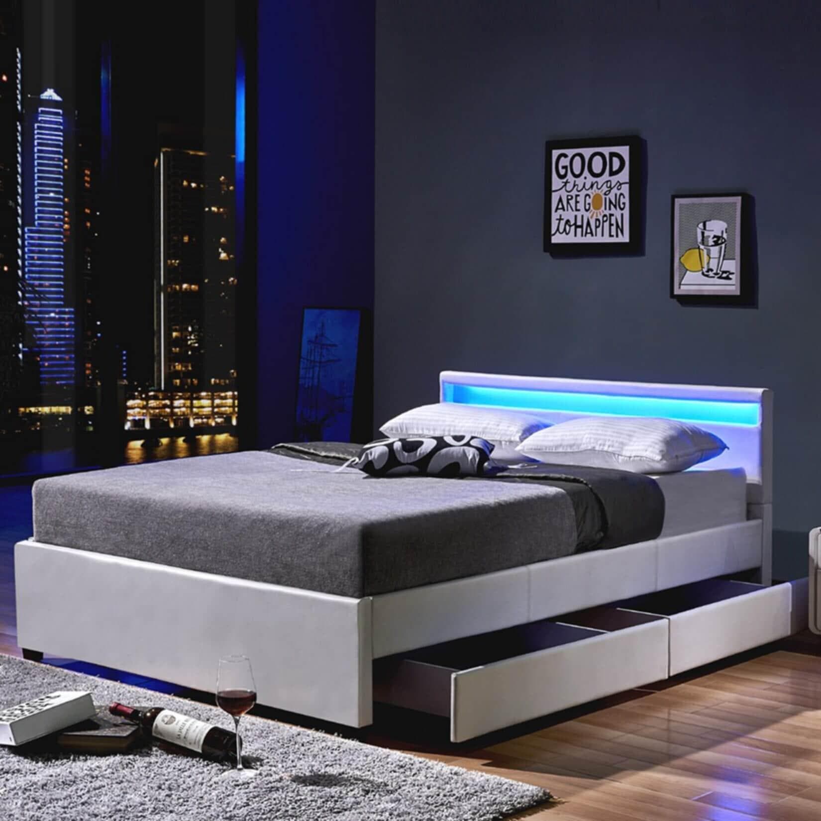 HOME DELUXE LED Bett Nube mit Schubladen und Matratze Weiß