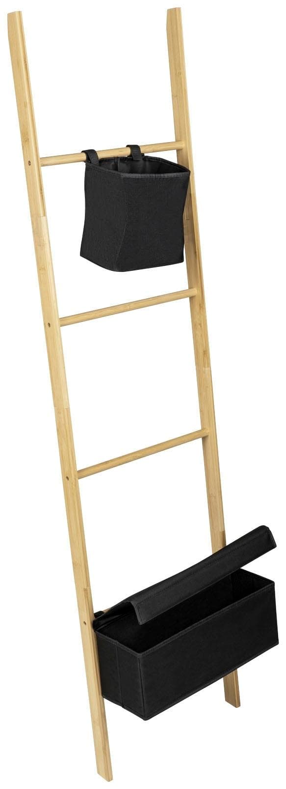 WENKO Ecori Handtuchleiter Bambus Schwarz mit 2 Körben