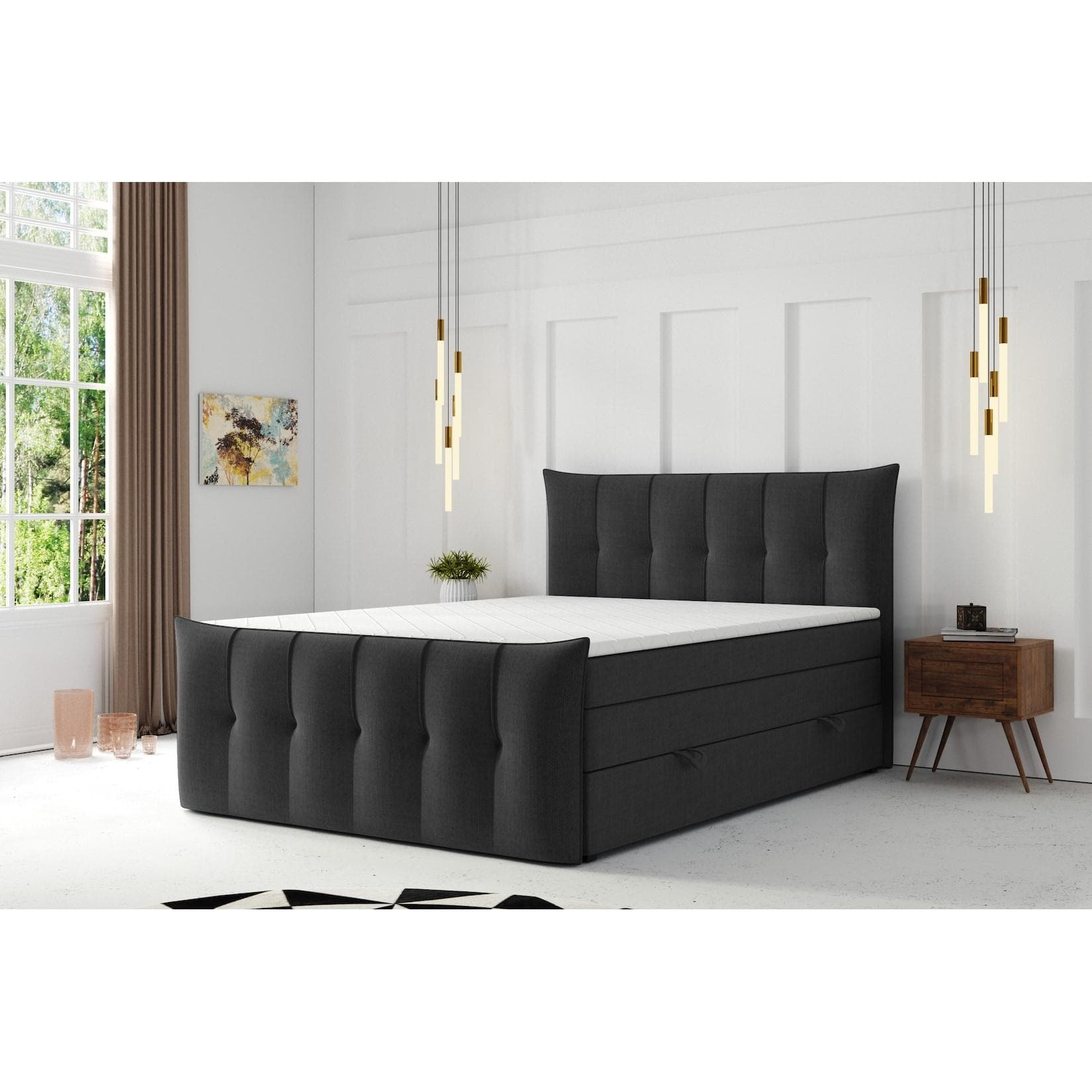 Boxspringbett mit Bettkasten und Topper (Grau/Schwarz)