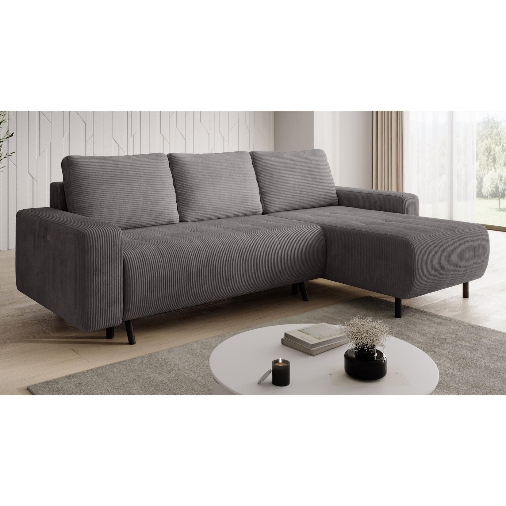 Wohnlandschaft Ecksofa RIMINI Cord Grau mit elektrischer Sitztiefenverstellung