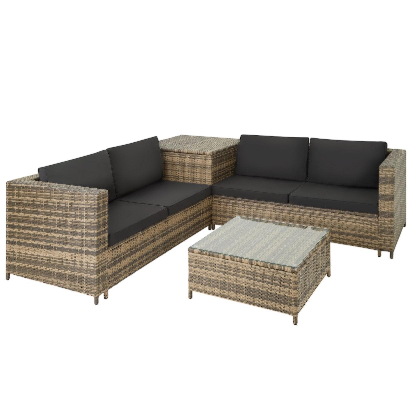 tectake® Rattan Lounge für 4 Personen mit großer Aufbewahrungsbox und Sicherheitsglasplatte