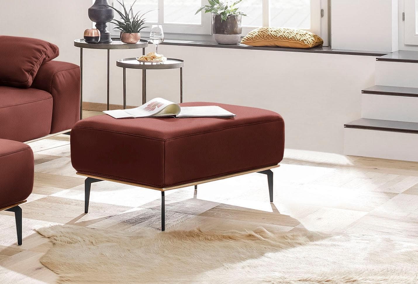 W.SCHILLIG Polsterhocker run Leder Eiche Sockel Rosso Marone