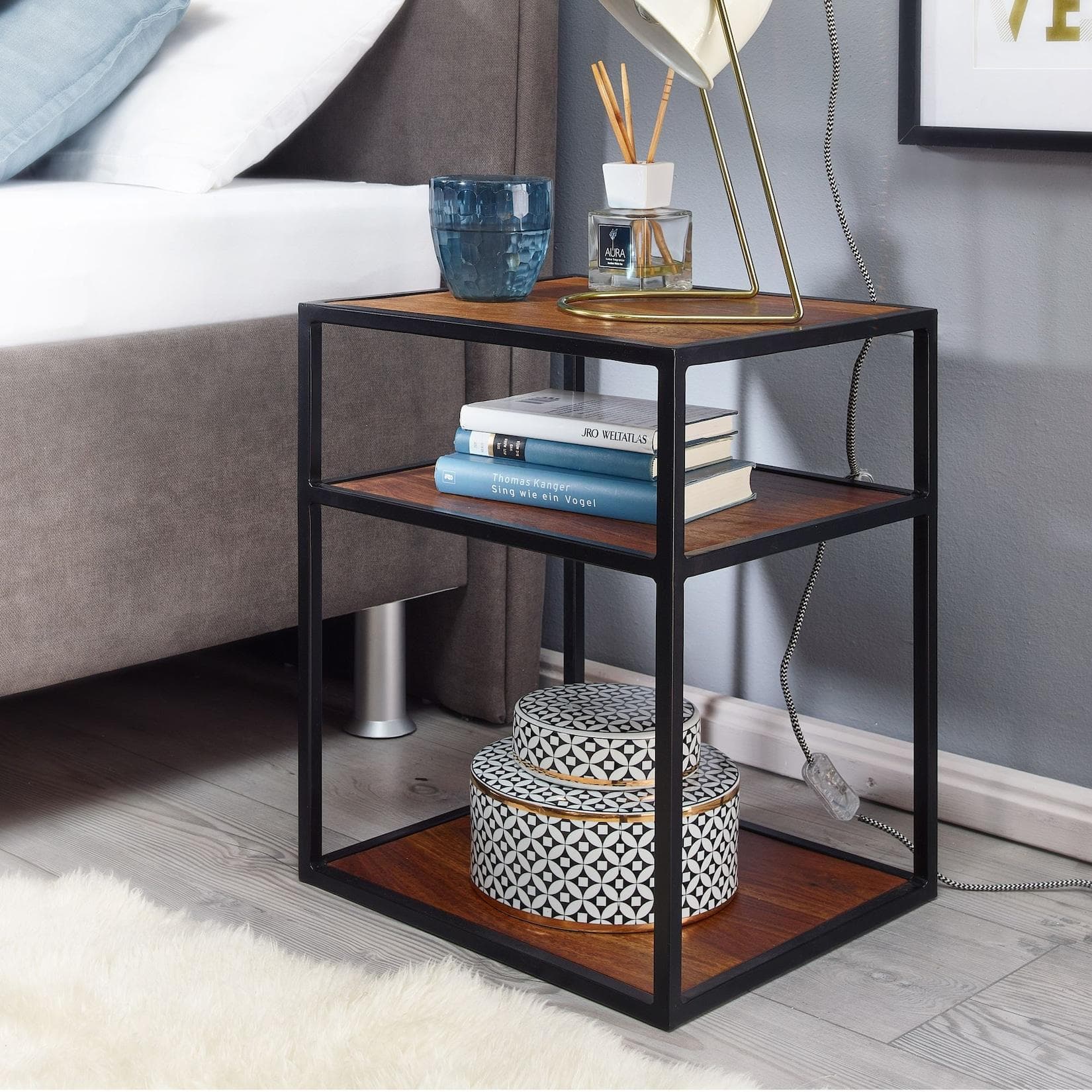 FineBuy Nachttisch Industrial-Style Holz Metall 3 Ablageflächen