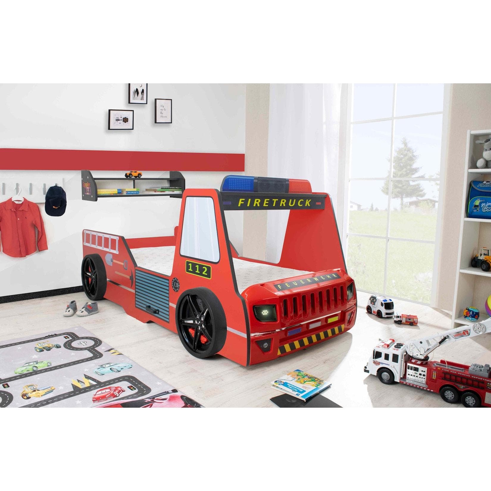 Autobett Kinder 90x200 cm Feuerwehrbett "Rio Firetruck" mit LED-Licht