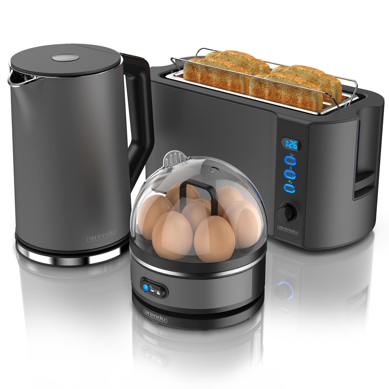 Arendo Wasserkocher mit Toaster und Eierkocher Set Edelstahl Grau 1,5L