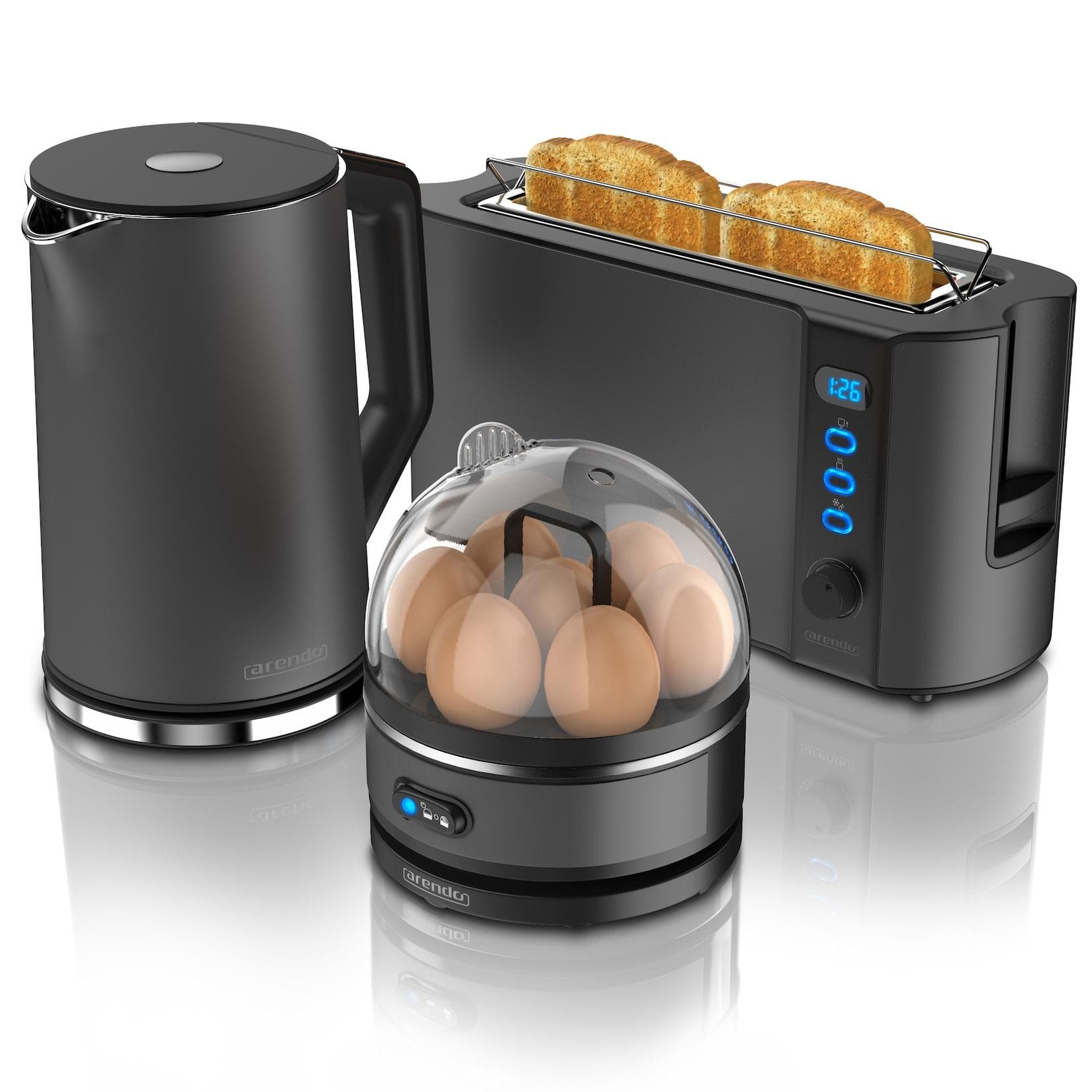 Arendo Wasserkocher mit Toaster und Eierkocher Set Edelstahl Grau