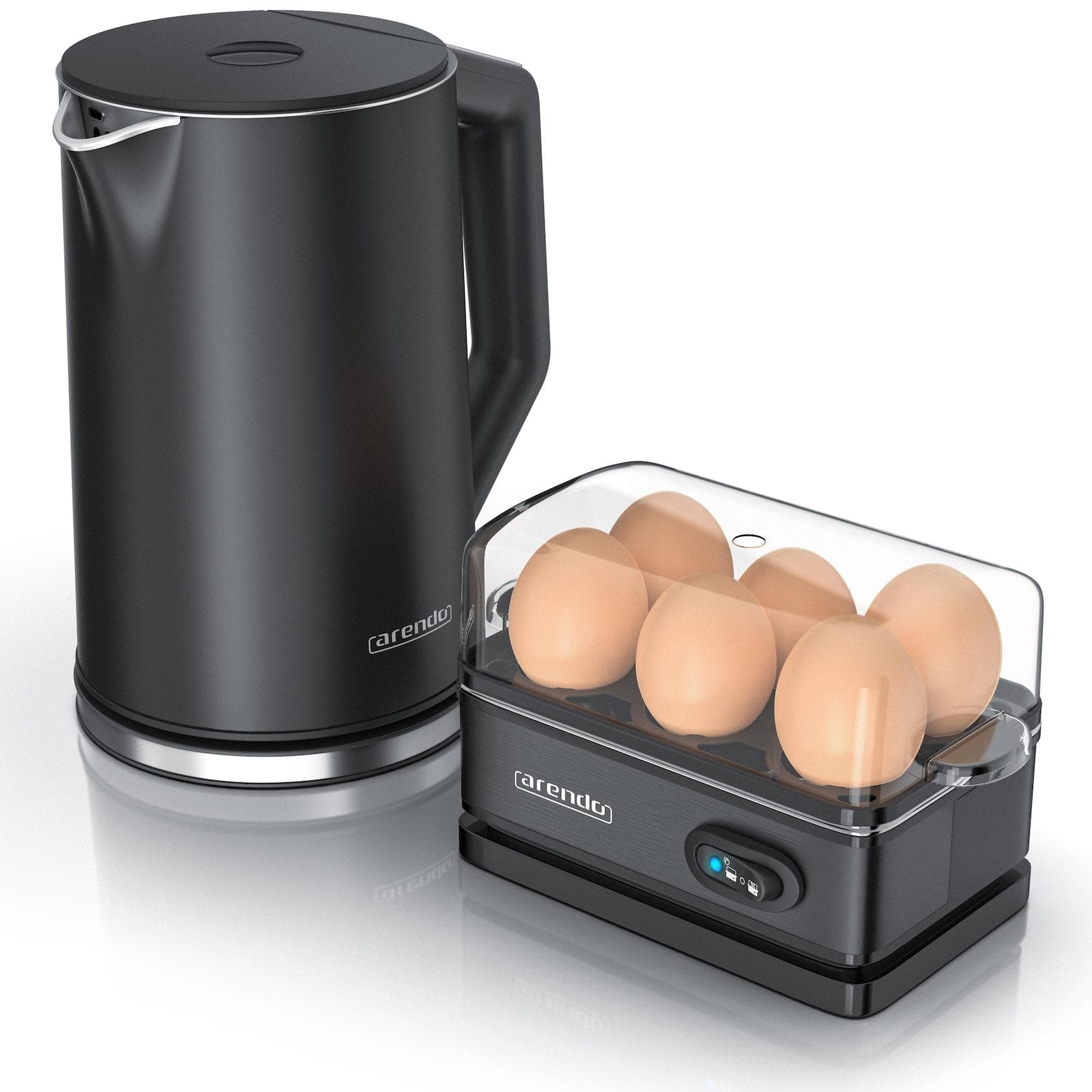 Arendo Frühstücks-Set Edelstahl Wasserkocher 1,5l, 6er Eierkocher Schwarz