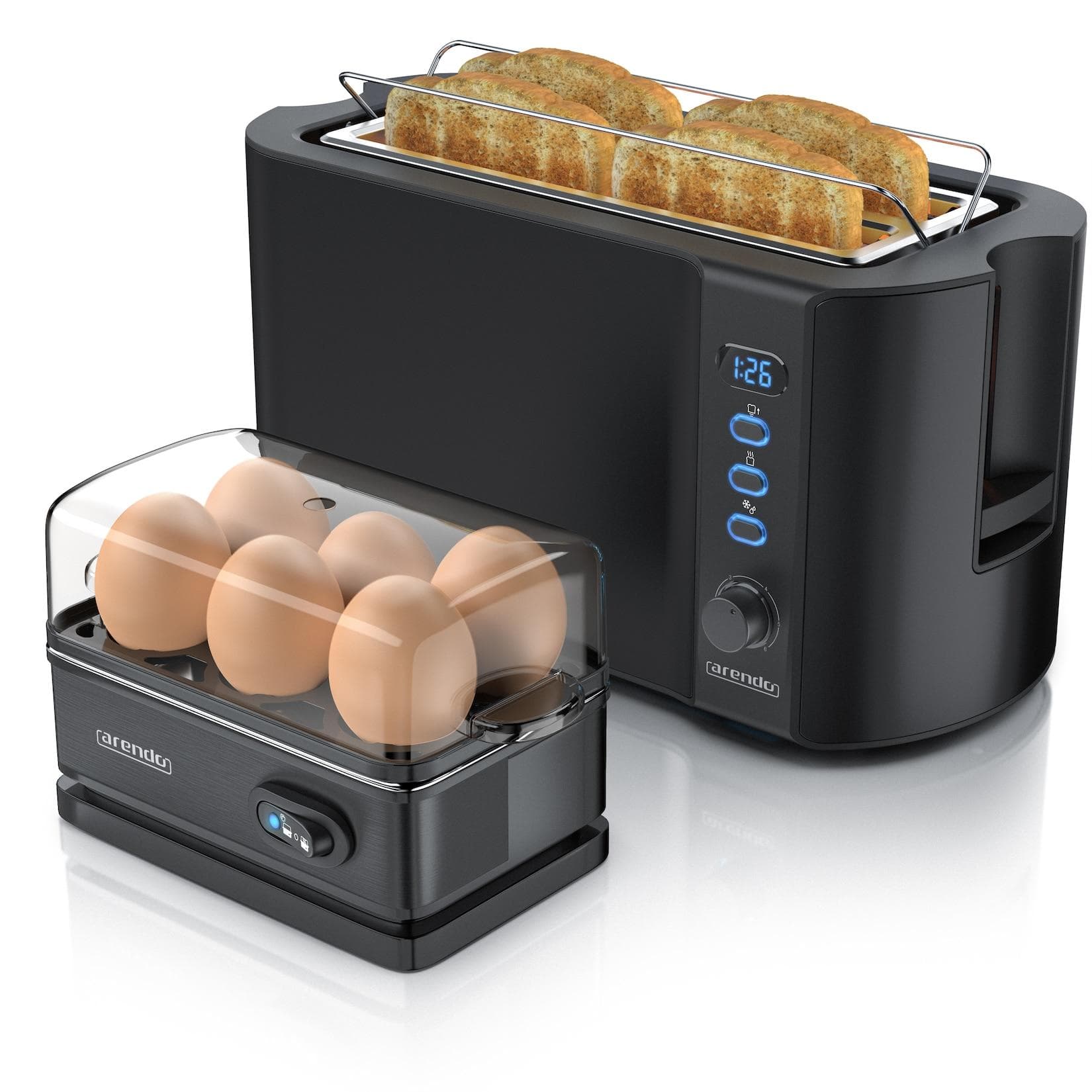 Arendo Toaster FRUKOST 4-Scheiben mit Eierkocher SIXCOOK Edelstahl Schwarz