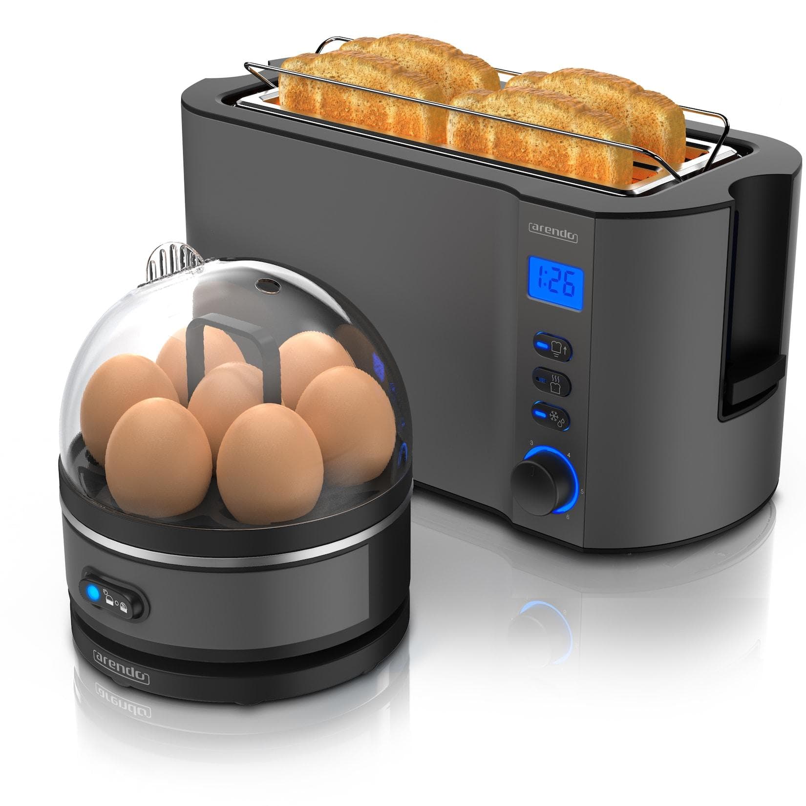 Arendo SET Toaster MANHA mit Eierkocher SEVENCOOK Edelstahl Grau, 4 Scheiben, LED-Display, 6 Bräunungsgrade, Brötchenhalter