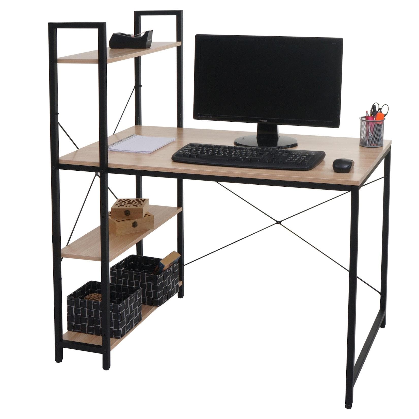 MCW Schreibtisch mit Regal 100x60cm Metall Holz Natur