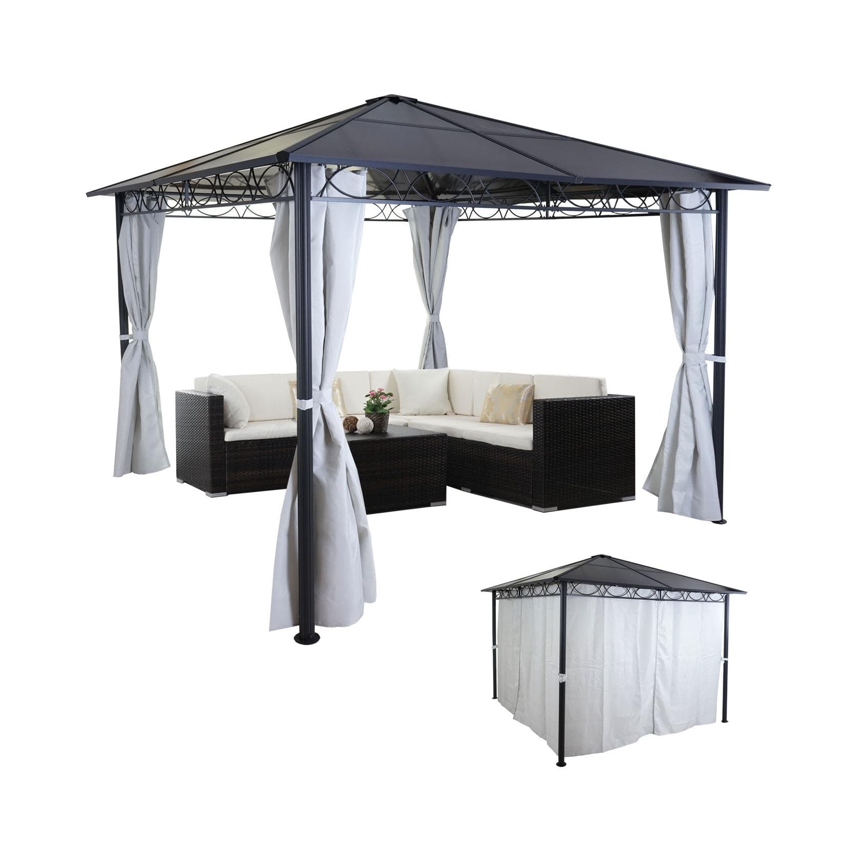 Hardtop Pergola MCW-C77 Garten Pavillon Kunststoff-Dach Aluminium Seitenwand 3x3m