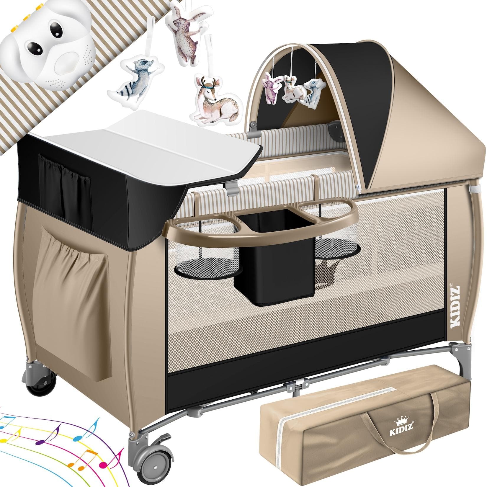 KIDIZ Babybett 3in1 Reisebett mit Wickeltisch und Musikspielzeug Beige/Schwarz